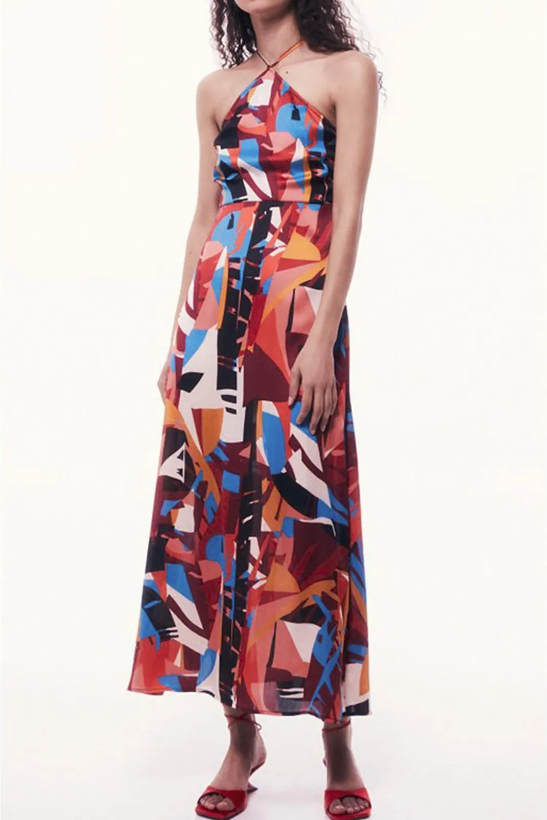 Abstract Halterneck Dress WaterRepellentCoating Sage Detail