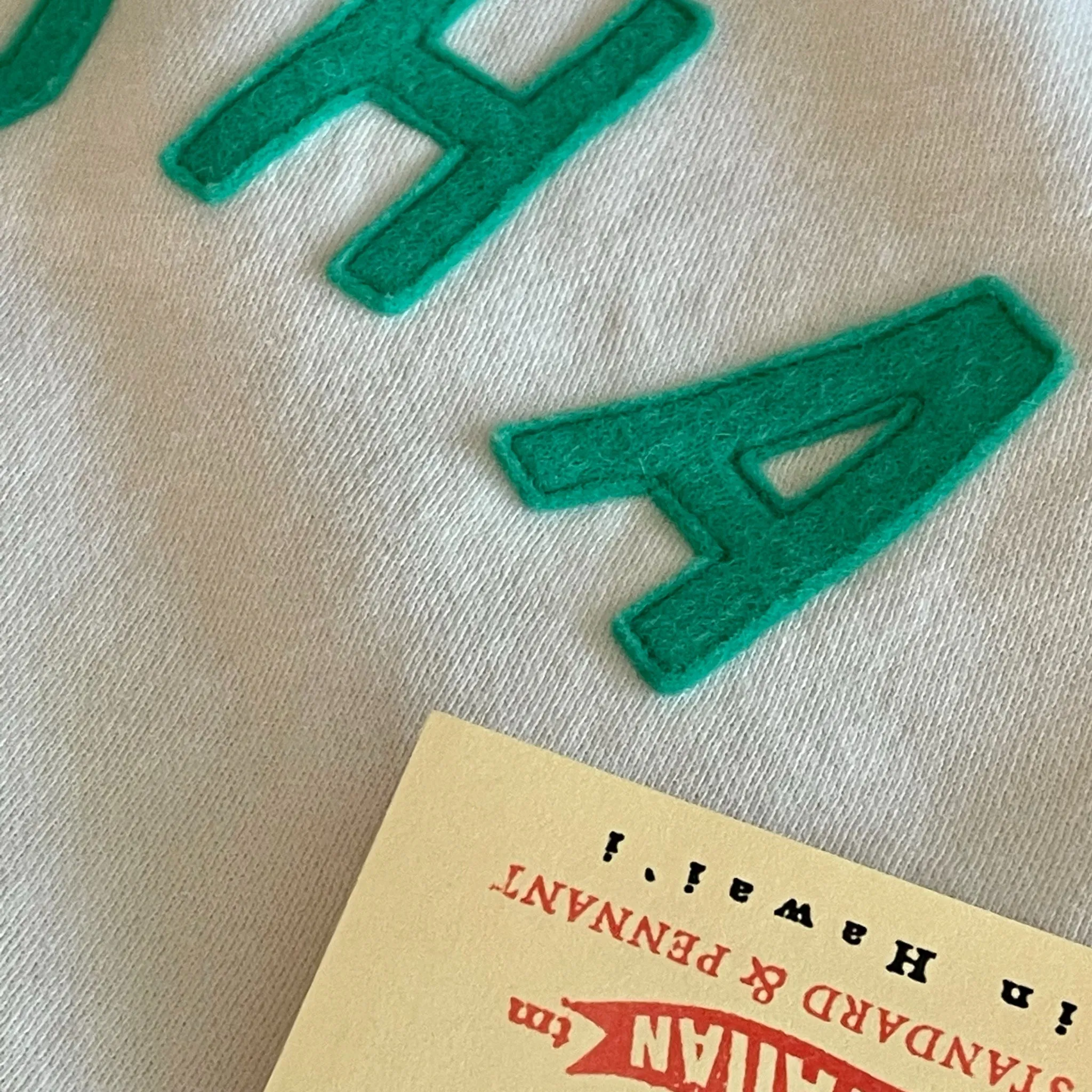 Mens-Unisex Raglan Fleece White x Aqua ALOHA Applique' Concert wear Spring Wear