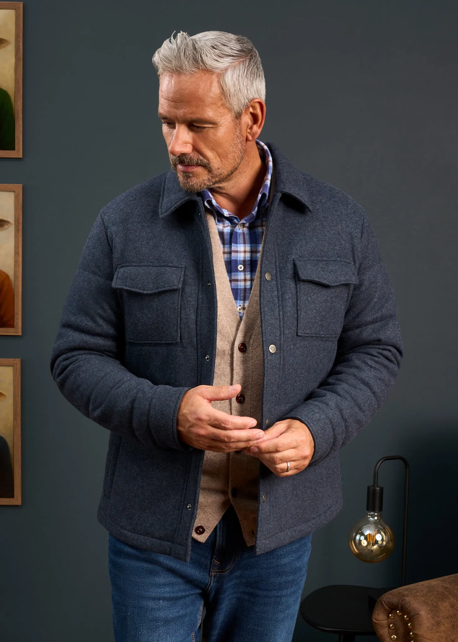 Richmond Men's Knitted Quilted Shacket In Navy Abrasion Resistant Shell