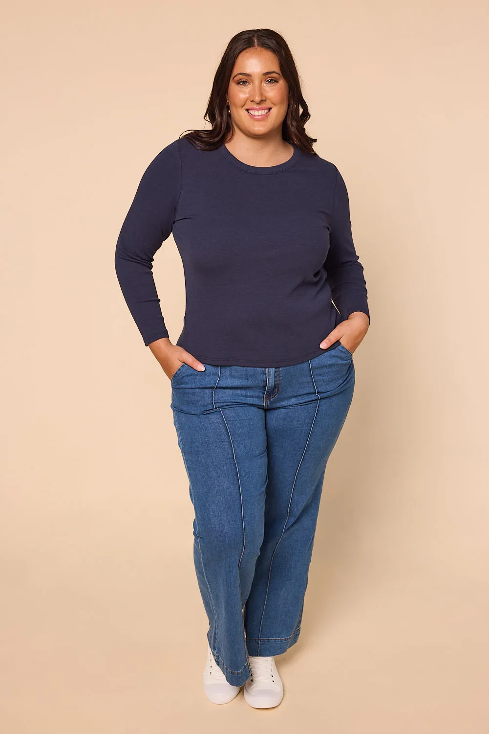 Adrift Ribbed Long Sleeve Tee in Navy Durable Stitching Soft and Flexible