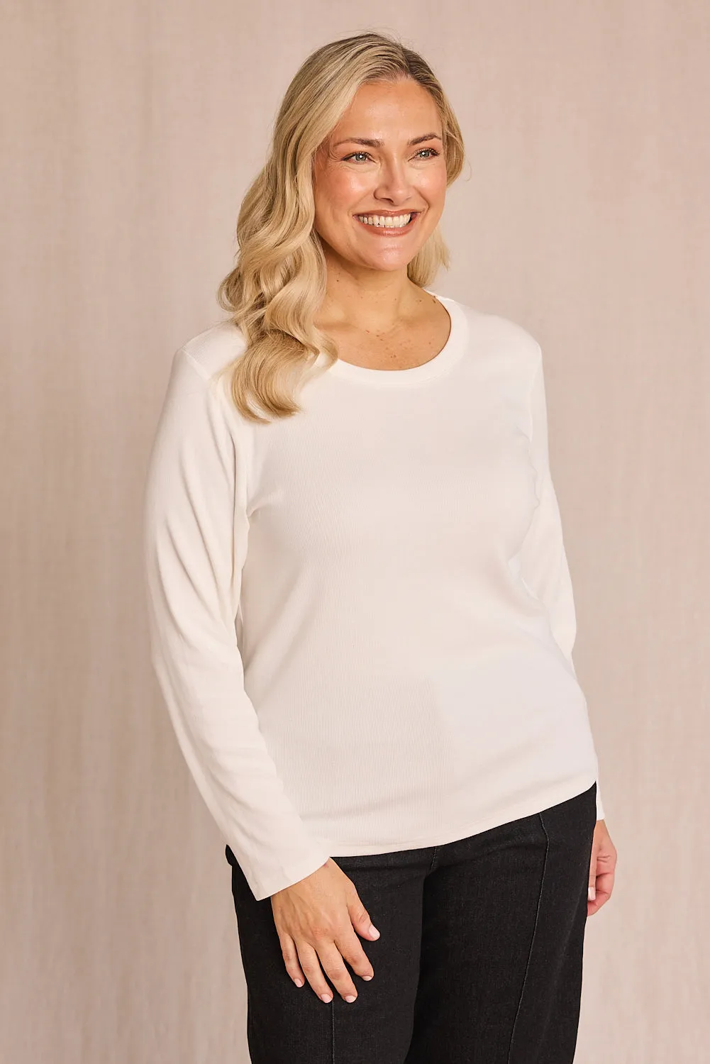 Functional Side Gussets Adrift Ribbed Long Sleeve Tee in White