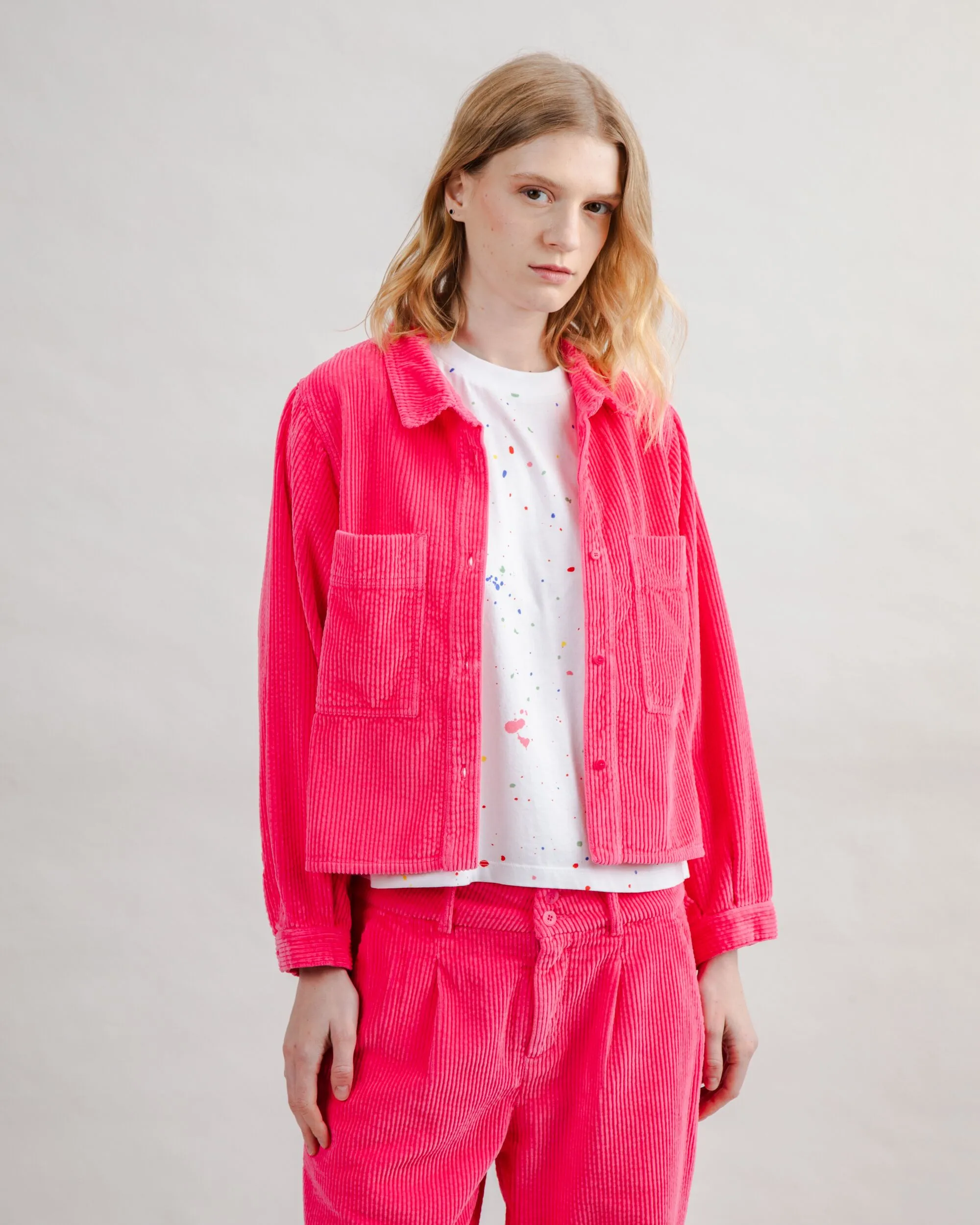 Raw Hem Finish Corduroy Boxy Shirt Pink