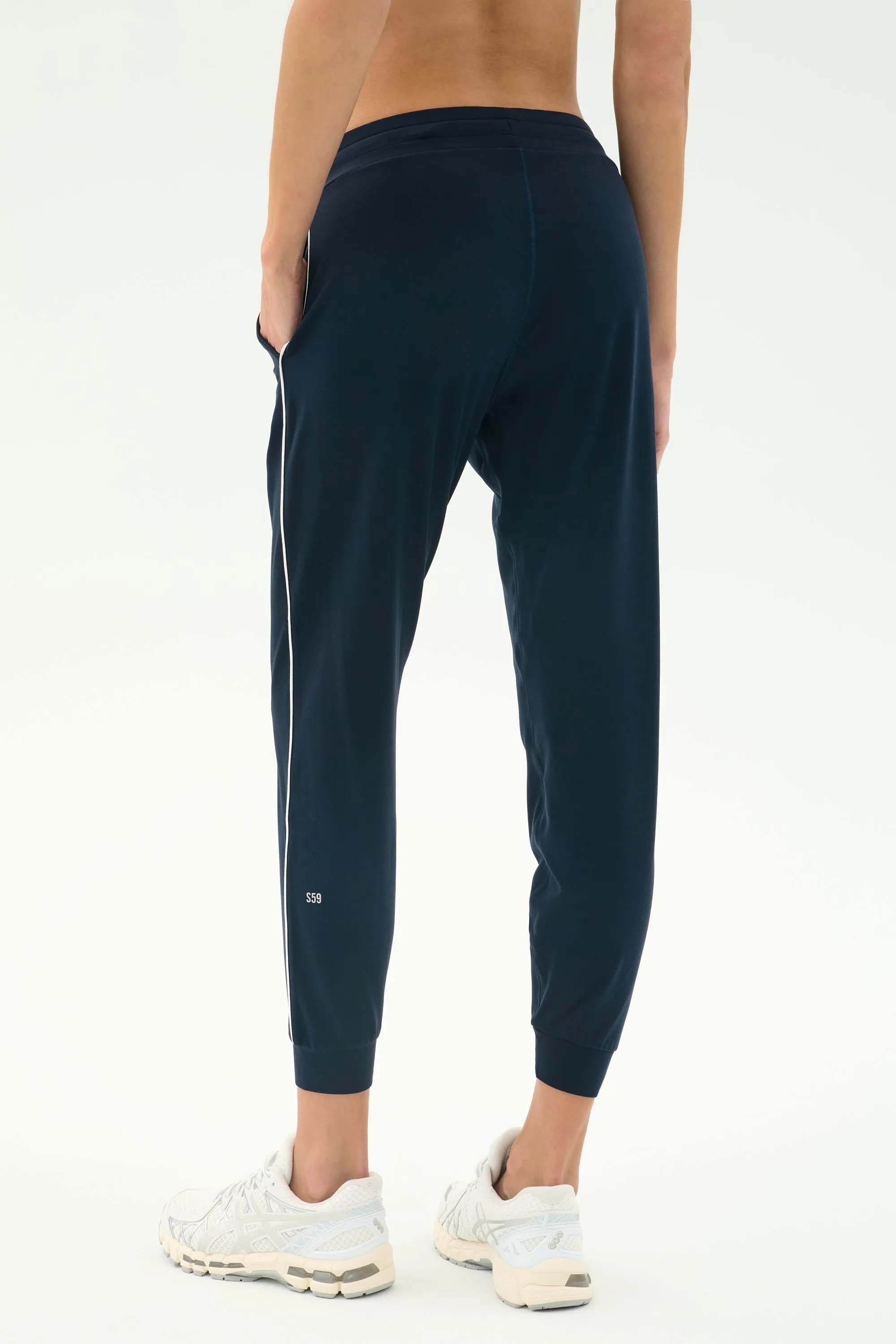 Side slits Cozy Wear Airweight Jogger 7/8 with Piping - Indigo/White