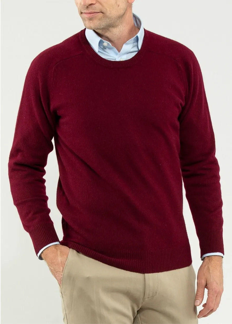 Classic Minimal Patchwork Alan Paine Sweater - Burgundy Dorset Lambswool Saddle Shoulder Crew Neck Sweater - Classic Fit