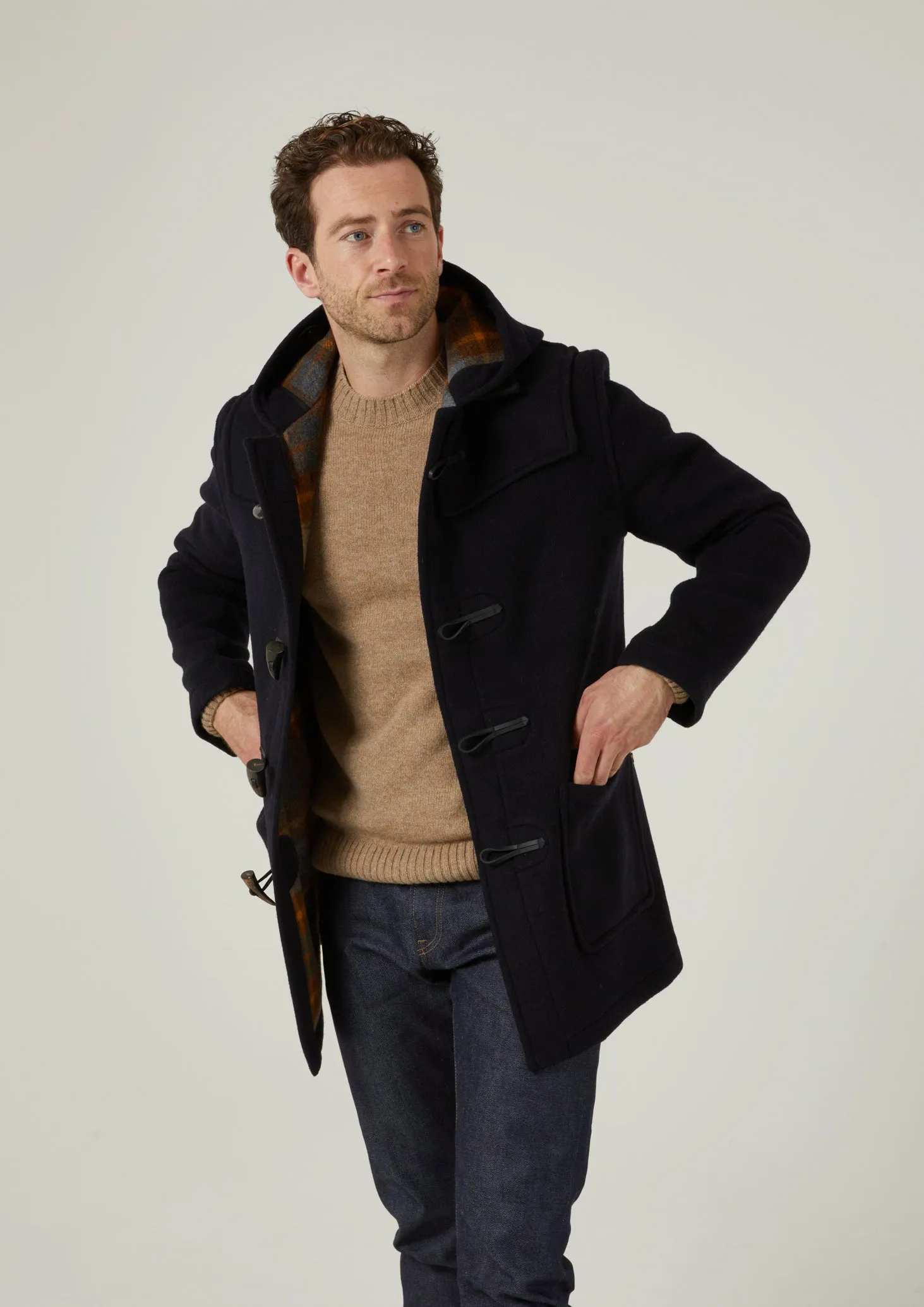 Alcombey Check Back Duffle Coat In Navy Very Cold