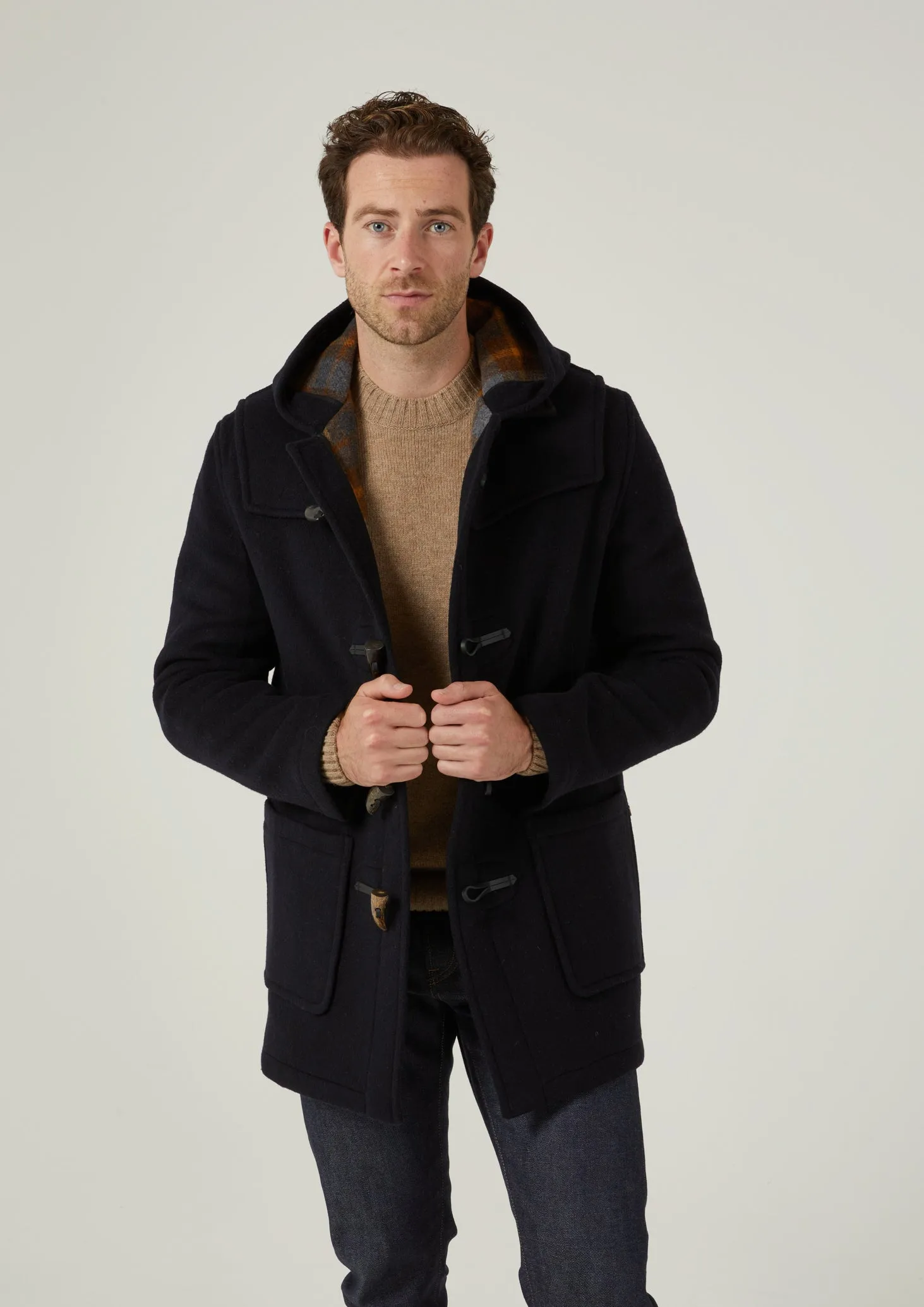 Alcombey Check Back Duffle Coat In Navy Tactical Wear Elastic Cuff Adjustment