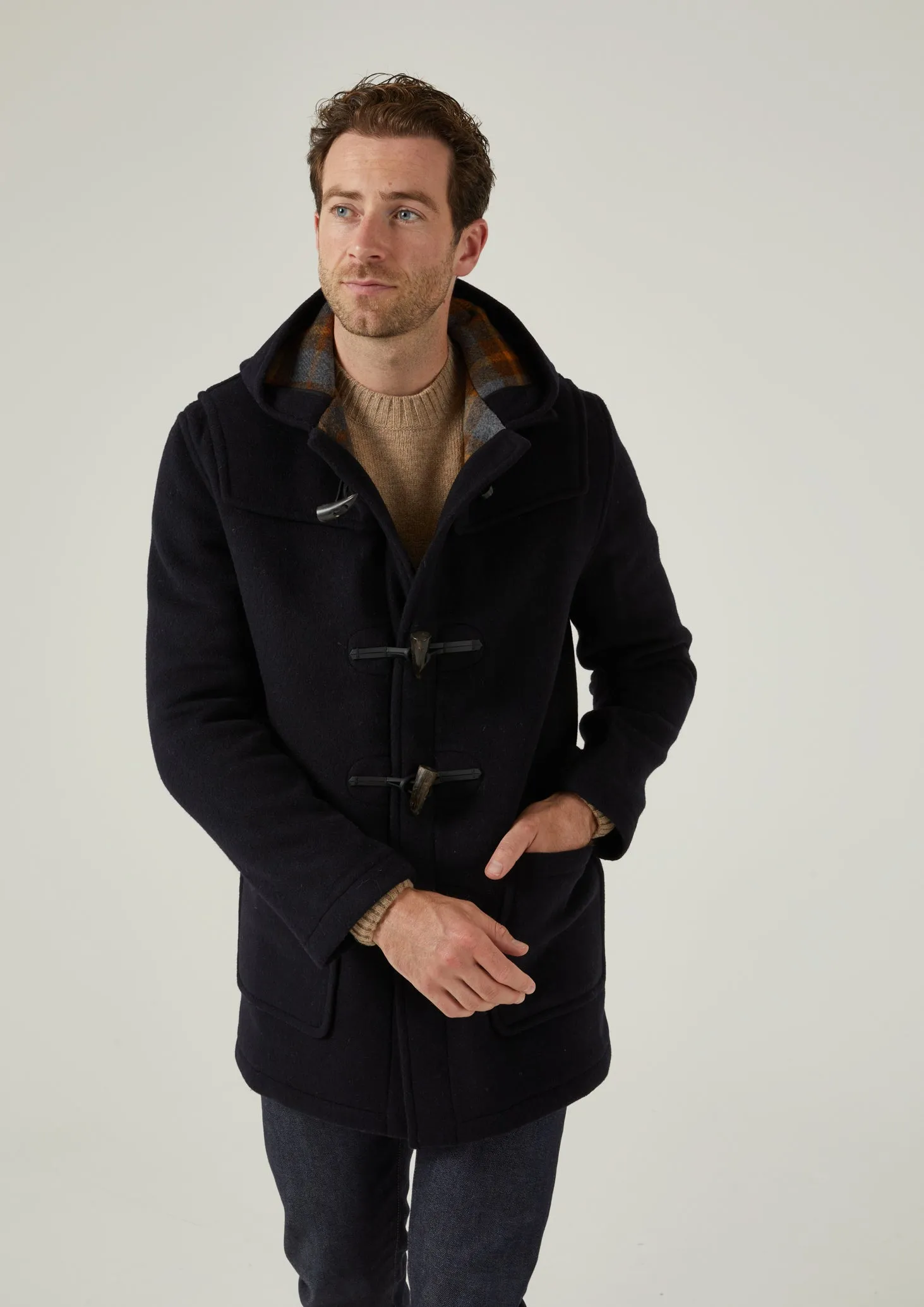 Clean Outer Alcombey Check Back Duffle Coat In Navy
