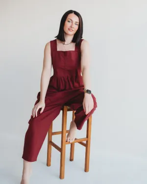 WaterRepellent Finish LayeredPanels Alice Red Smocking Strap Jumpsuit