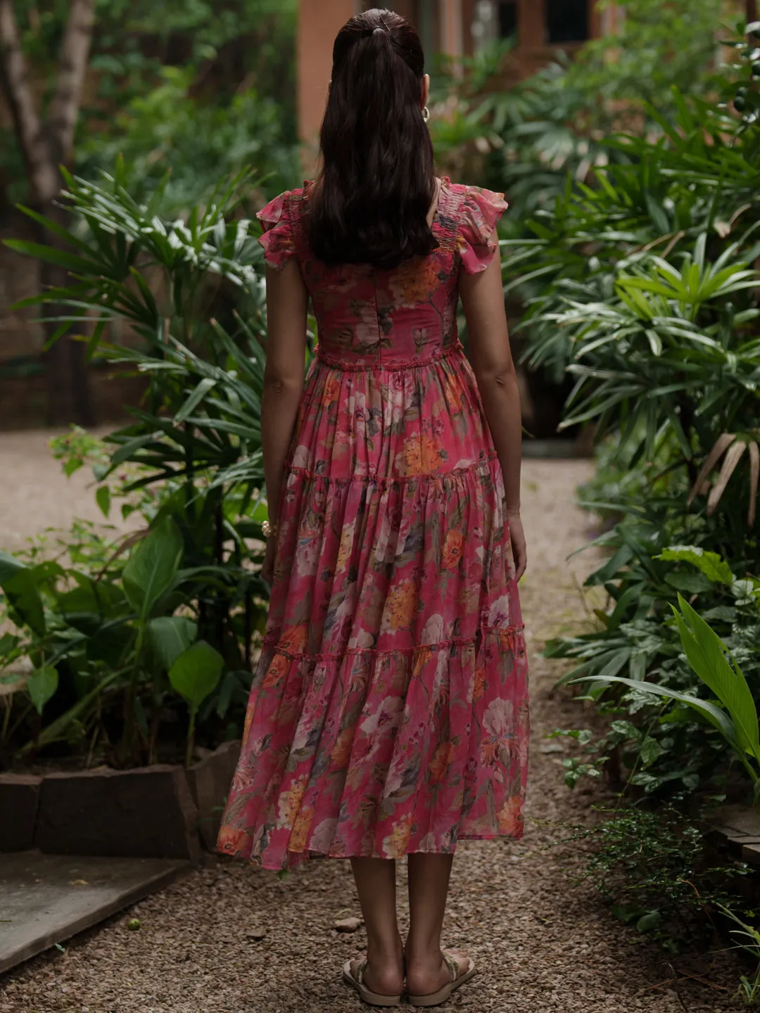 Anayna Women's Georgette Printed Tier Dress Gift-Worthy Empire-Waist