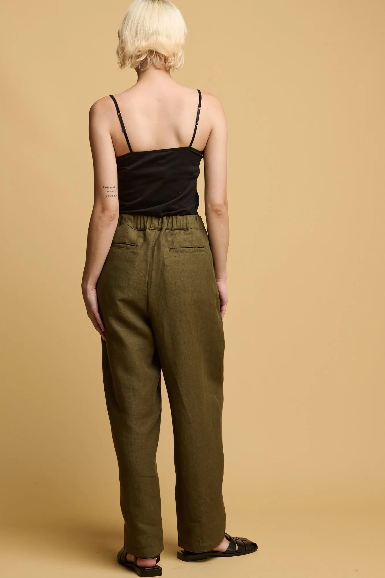 Women's Lorna Elasticated Waist Linen Trouser - Olive Trendy Look Stretch Support