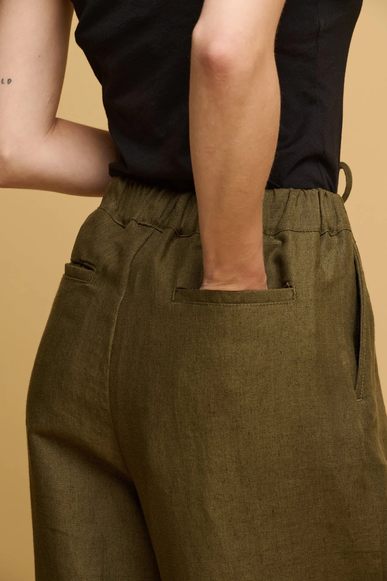 Women's Lorna Elasticated Waist Linen Trouser - Olive On The Move Work Flex