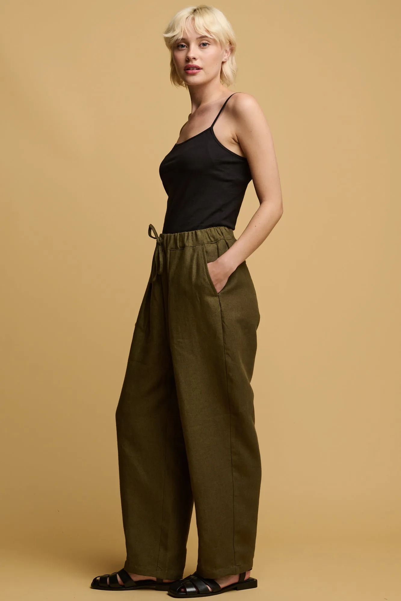 Durable Weave Women's Lorna Elasticated Waist Linen Trouser - Olive