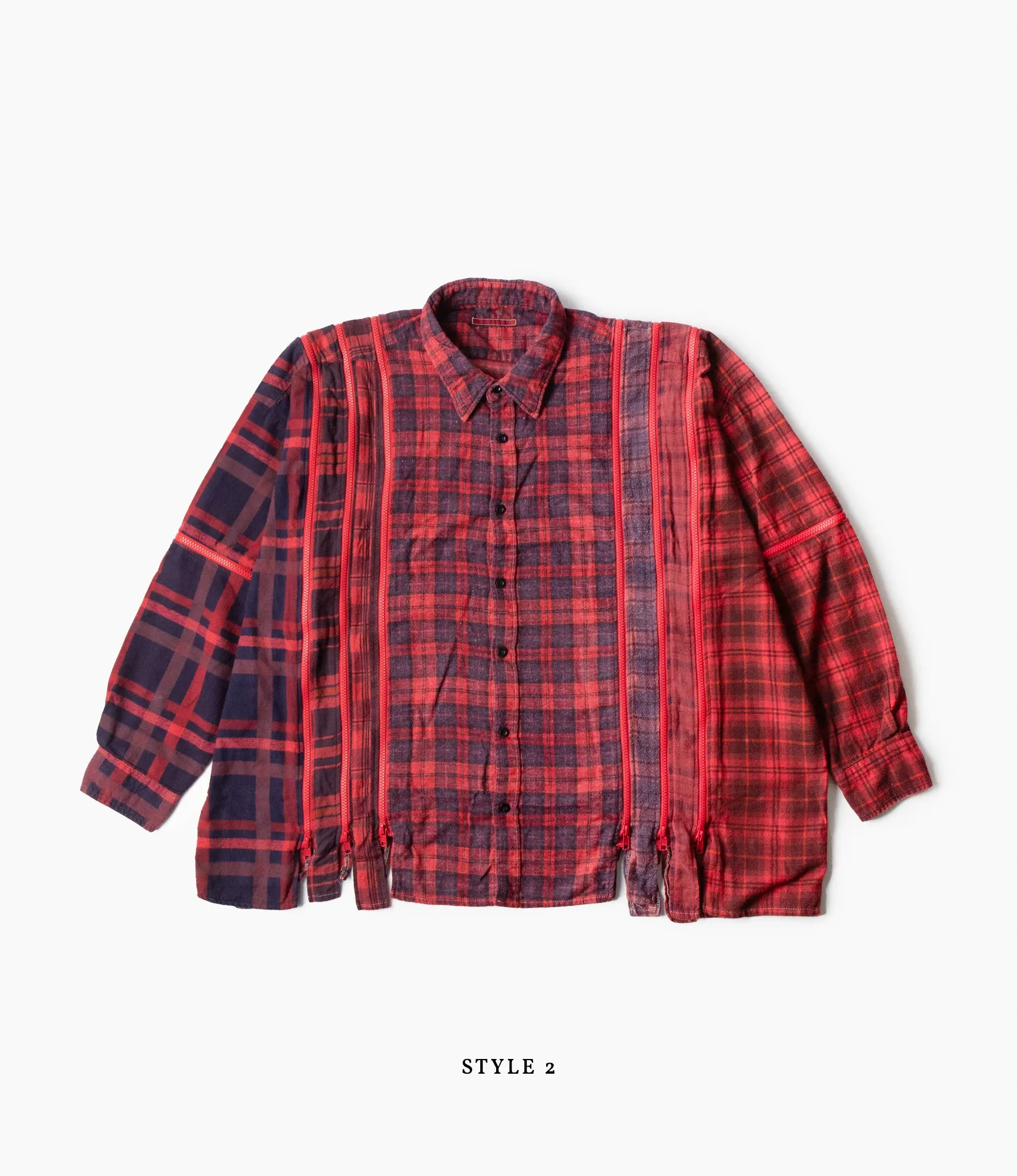 7 Cuts Wide Zipped Shirt ?C?Red Overdyed Flannel Basic Wardrobe Piece Athletic Wear