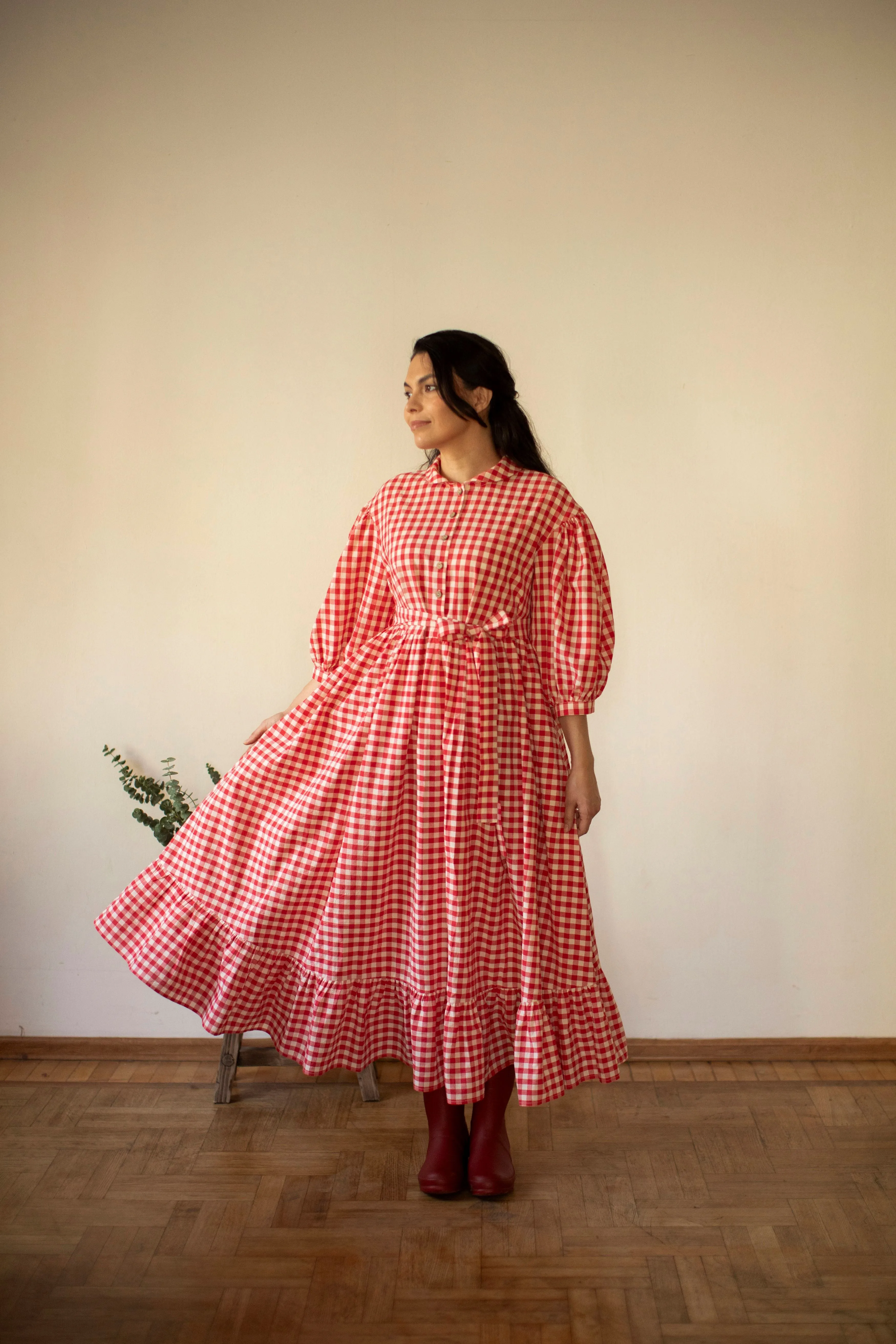 Wedding Style Soft Cut Gingham Meg Oversized Dress with 3/4 sleeves