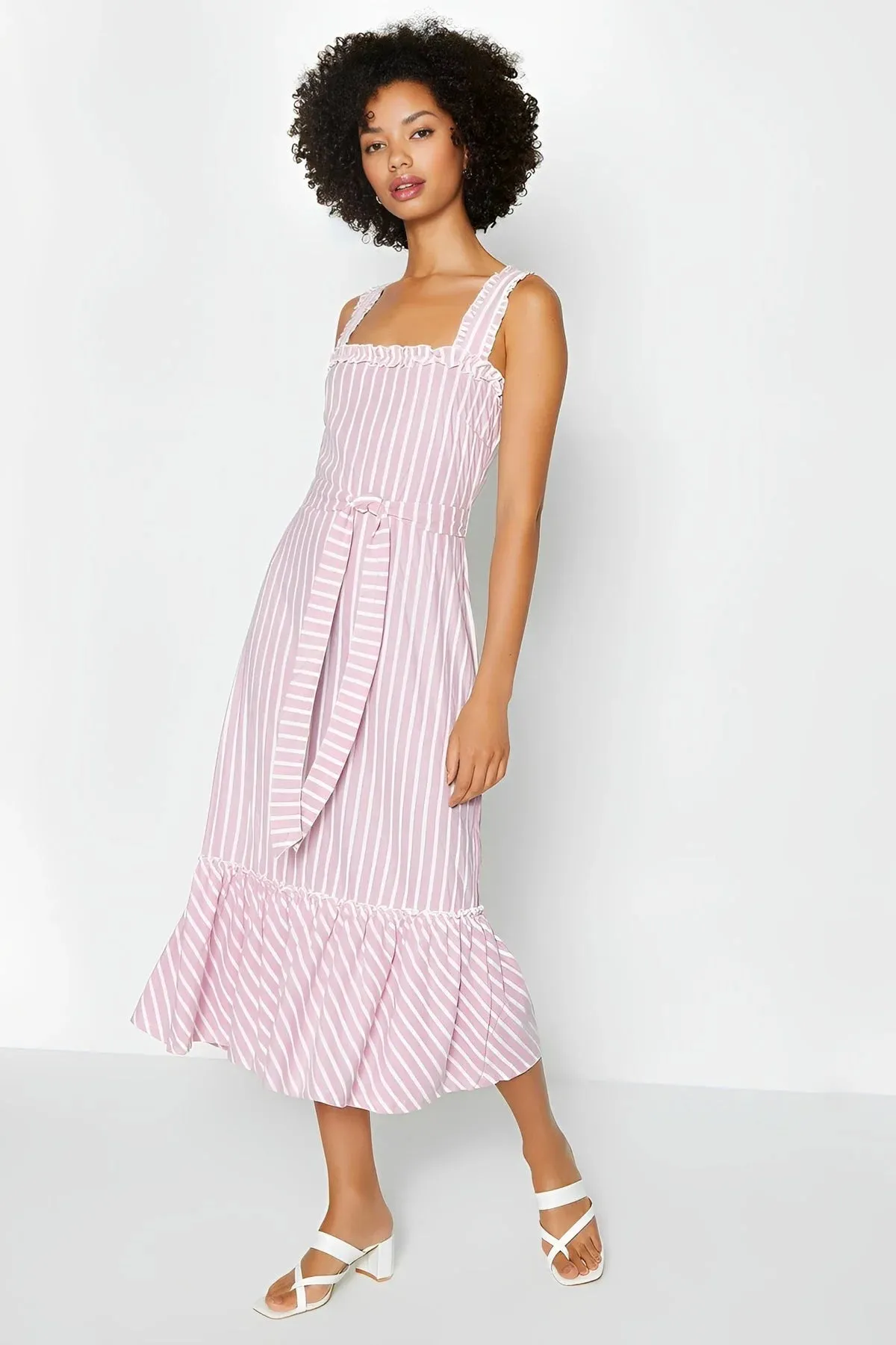 Comfortable Style Striped Frill Hem Midi Dress