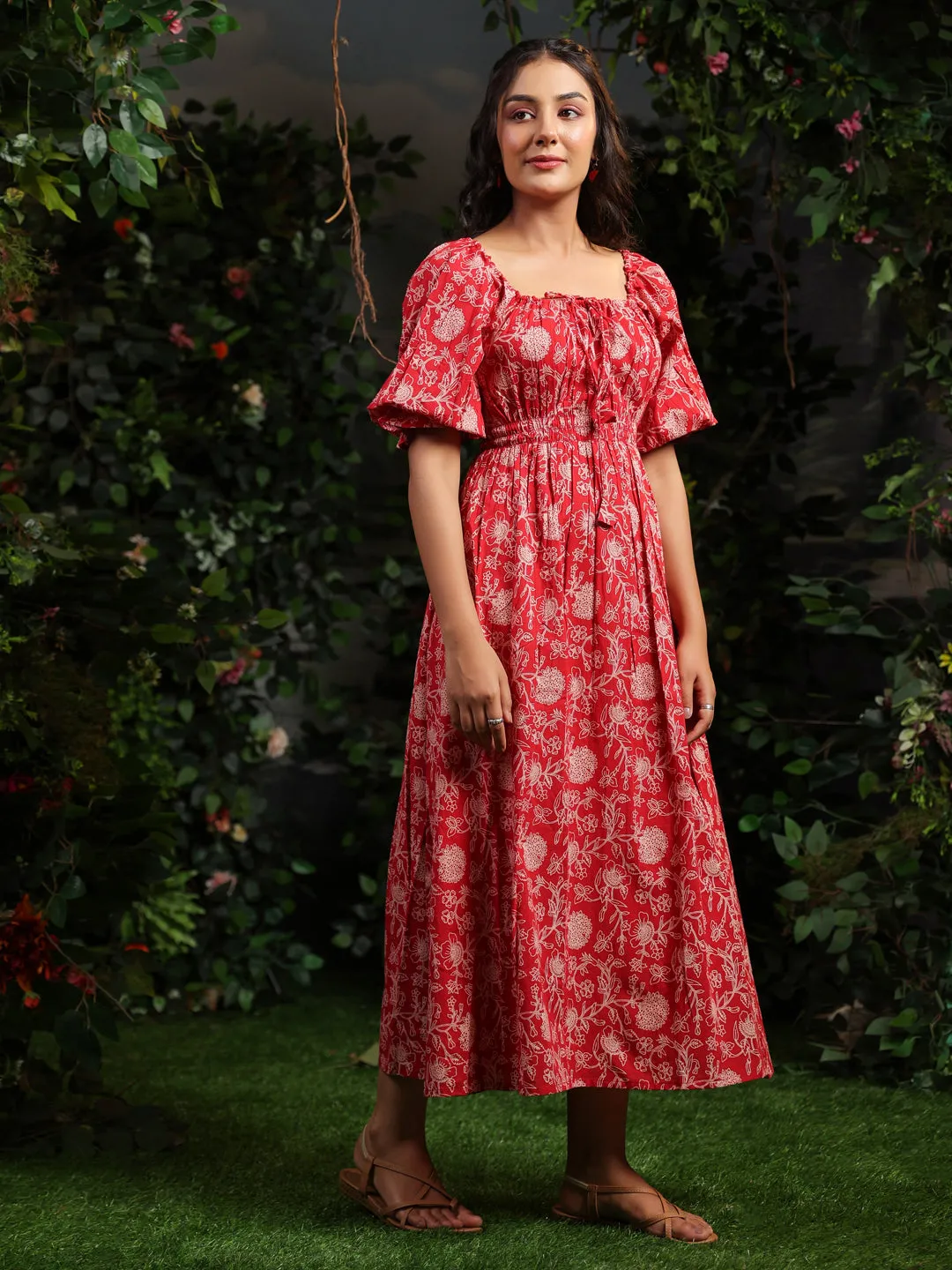 Wave Soft Work Fit Women's Red long Cotton dress with balloon sleeves