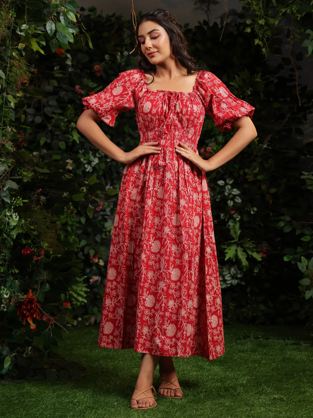 Women's Red long Cotton dress with balloon sleeves Textured Flow Flattering Waistband