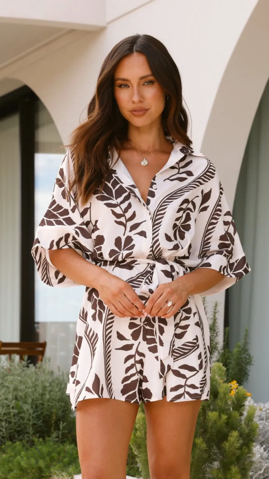 MultiPocket Design QuickRelease Closure Aurelia Playsuit - Brown/White Print