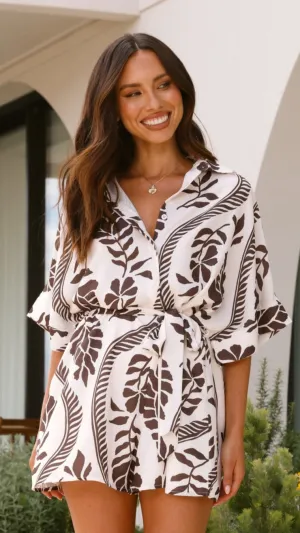 Aurelia Playsuit - Brown/White Print AntiStatic Treatment