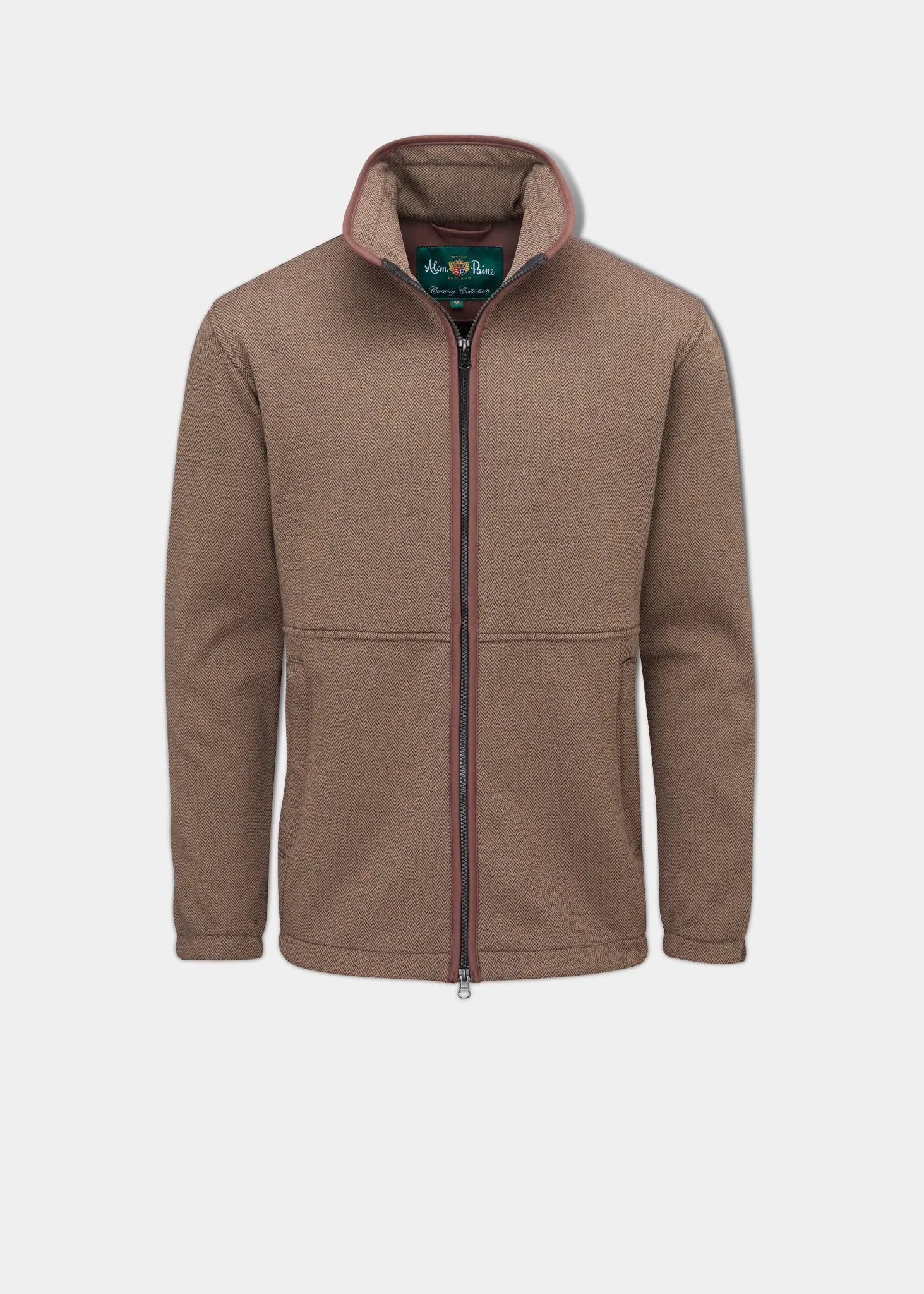 Aylsham Men's Fleece Jacket In Brown Herringbone - Regular Fit Flexible Fleece Lining