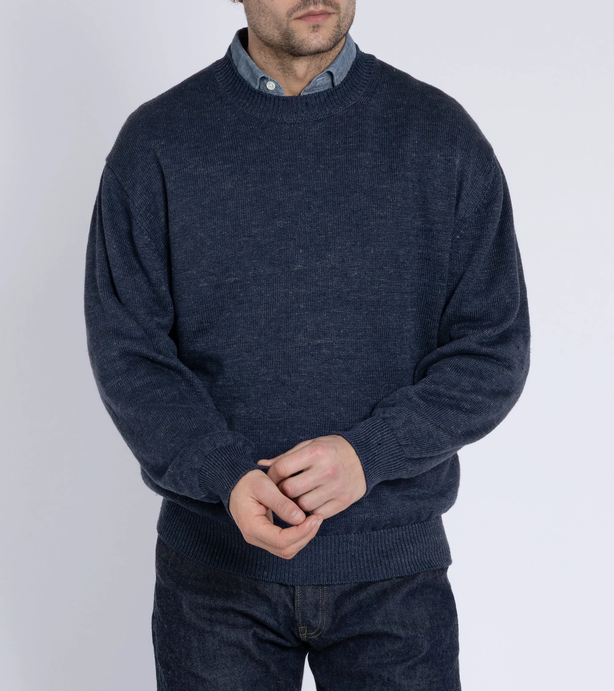 Batoner Washed High Count Linen Crew Neck Sweater: Navy Team Edge