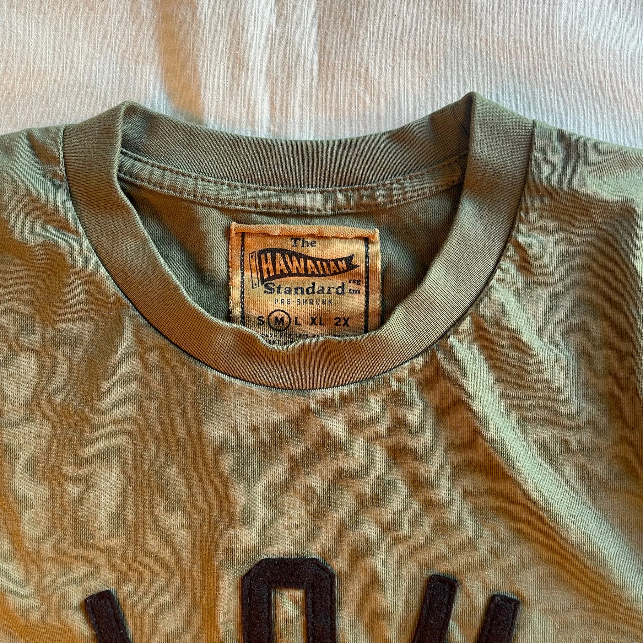 tall size Casual Elegance Mens Cotton T-Shirt in Olive x Aloha applique