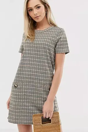 Soft Drape Beige Check Jersey Retro Dress