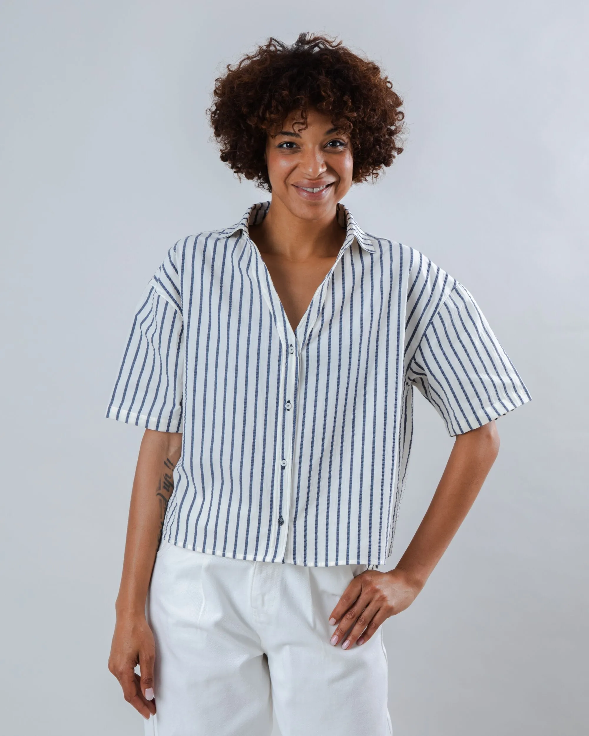 Wide Neck Opening Layered Neckline Sailor Cropped Blouse Blue