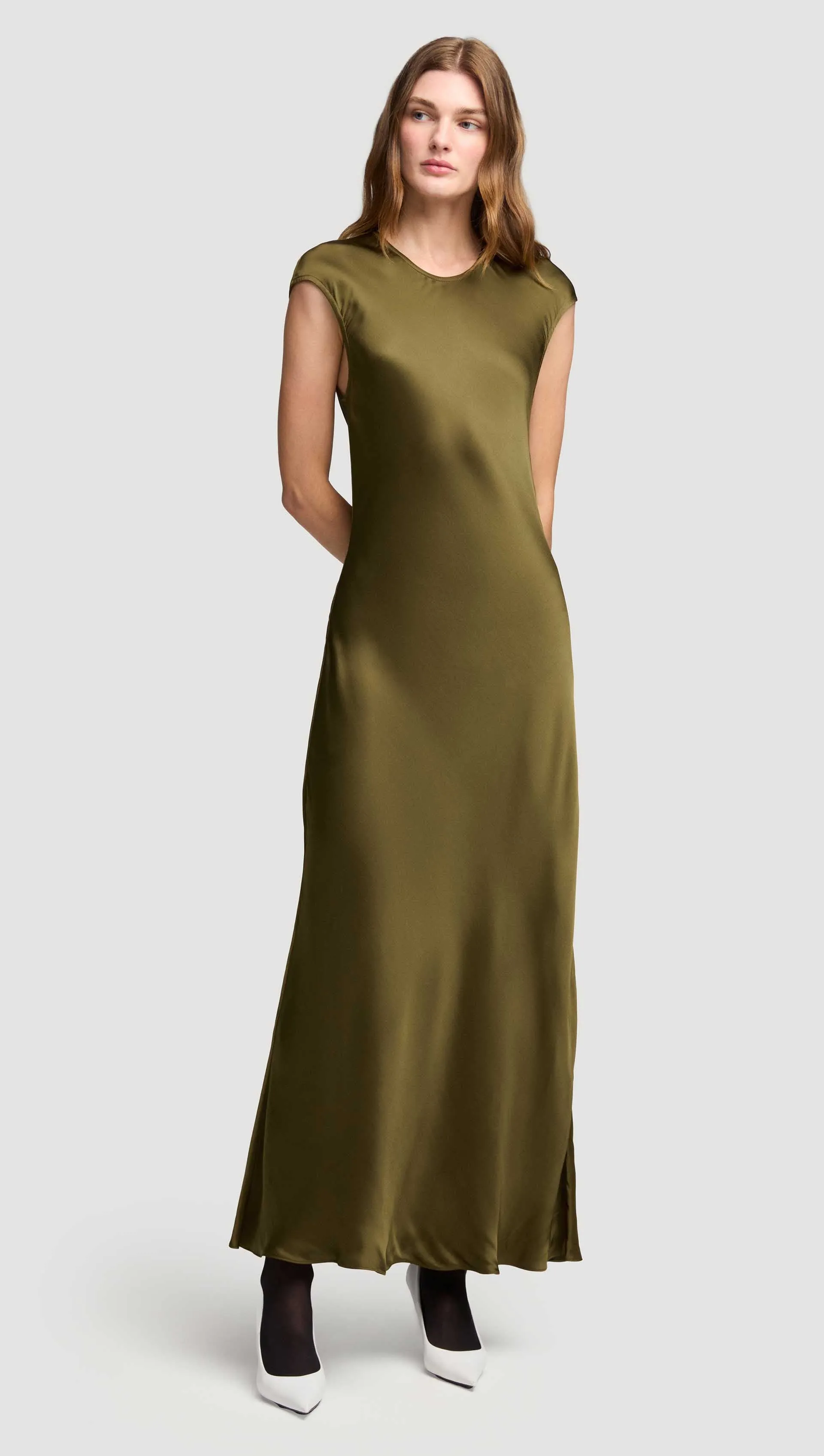 Bias Dress in Viscose Satin | Olive Cozy Wearable Smart Tailoring