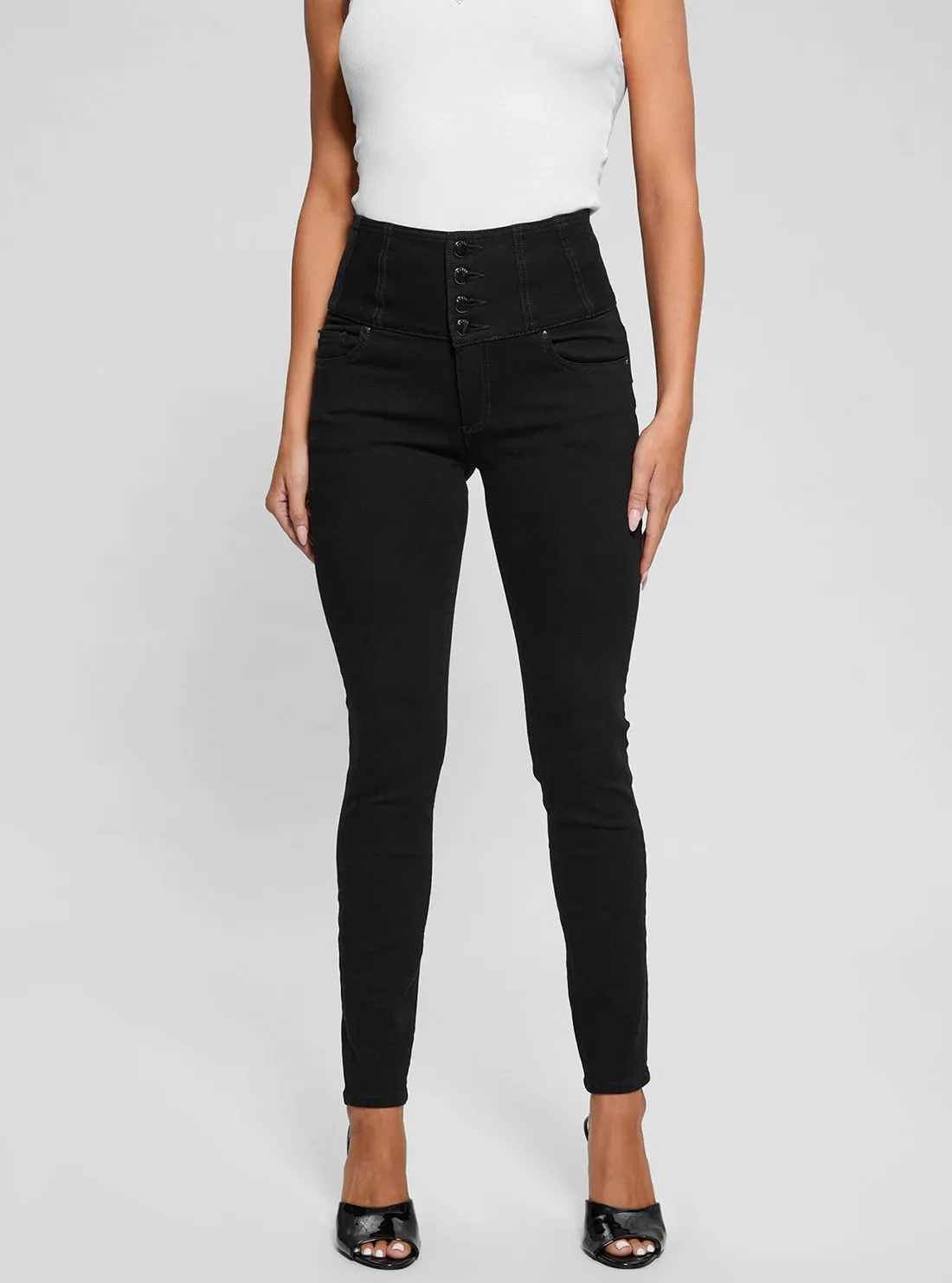 Popular Staple Relaxed Style Black Corset Waist Shape Up Jeans