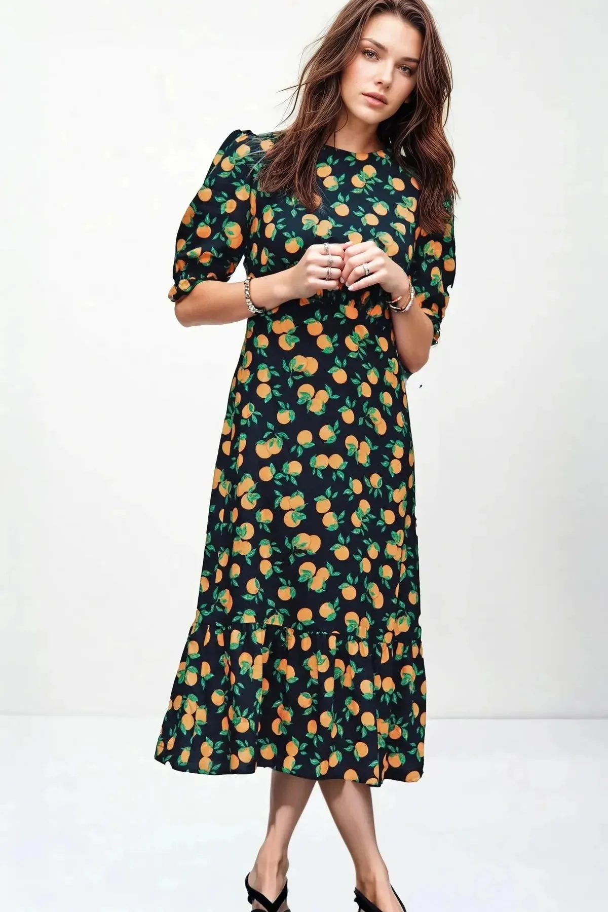 Romantic date dress Black Orange Print Midi Dress