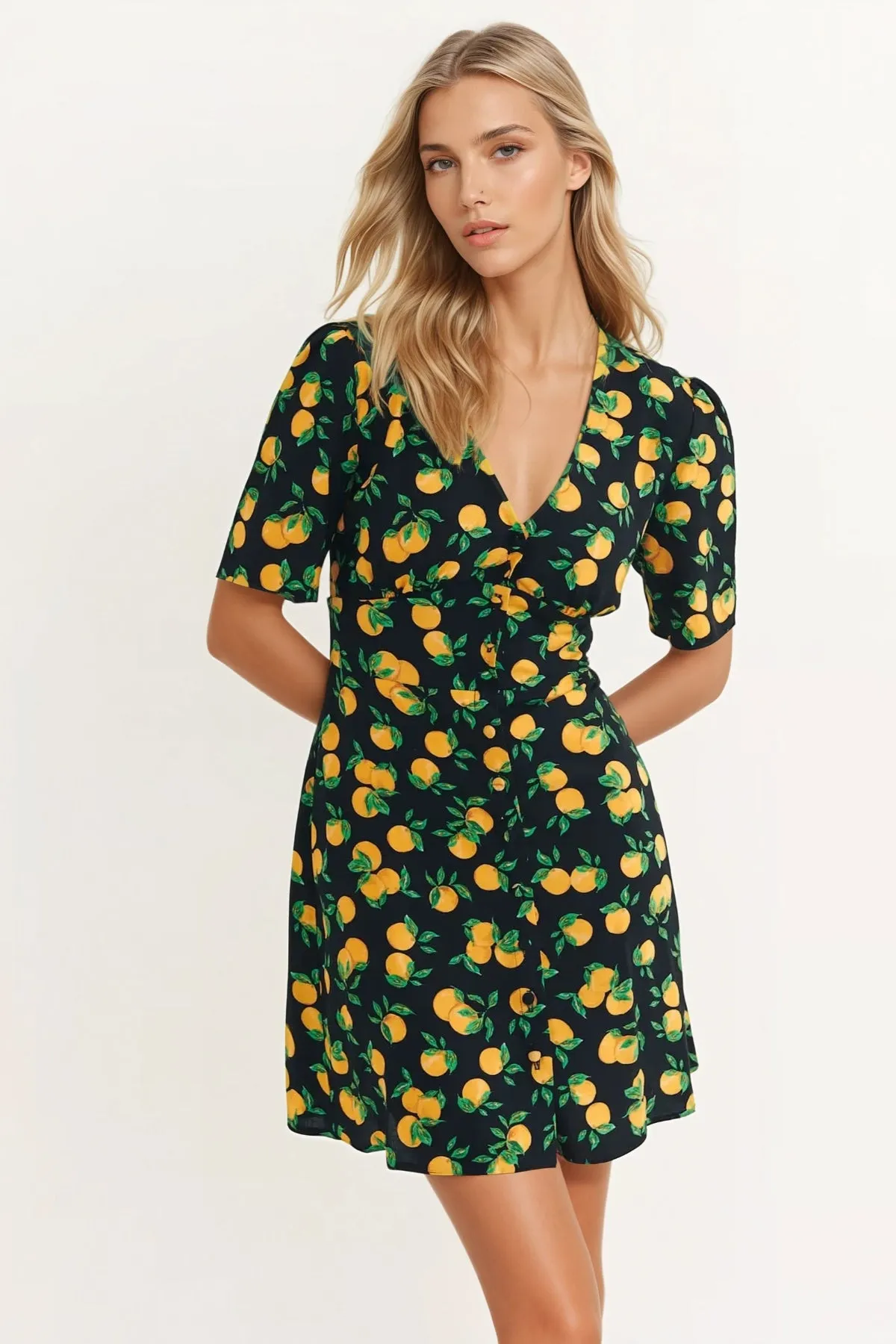 Printed-Lining Clean Structure Black Sassy Orange Dress