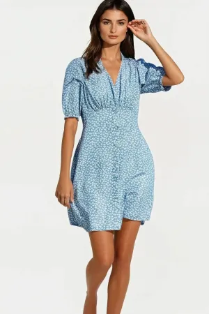 Simple Yet Elegant Balanced Fit Blue Ditsy Floral Summer Dress