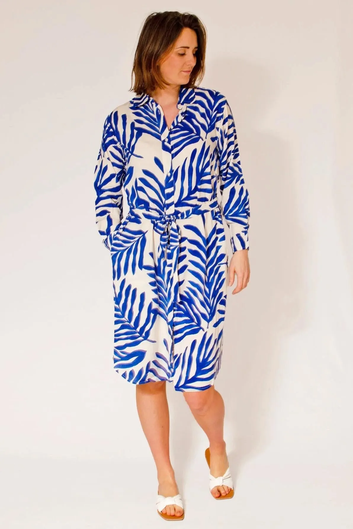 Minimalist Waist Spring Garden Blue Leaf Print Shirt Dress