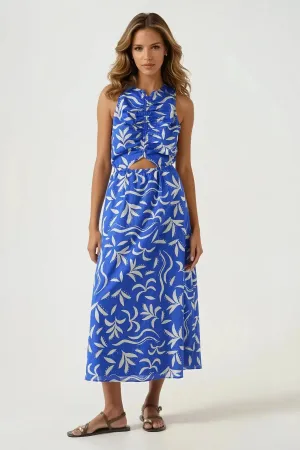 Blue Leaf Print Summer Dress Bold colors