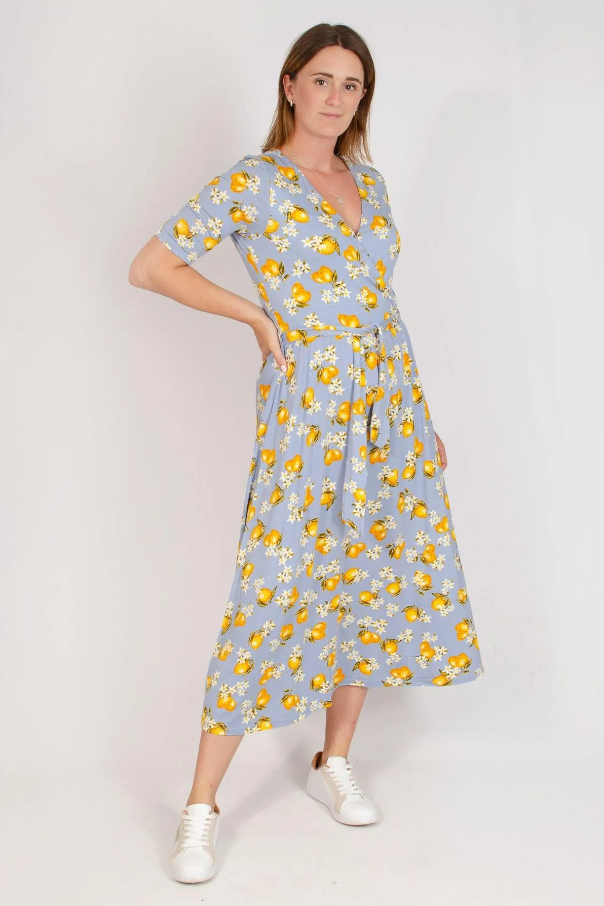 Sleek Fit Blue Orange Floral Wrap Midi Dress