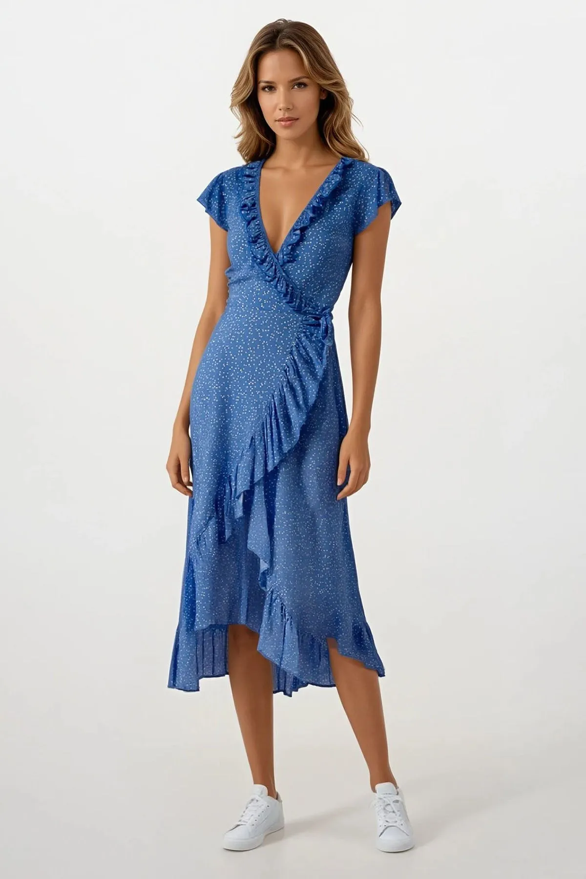 Winter Classic Blue Polka Dot Summer Frill Wrap Dress