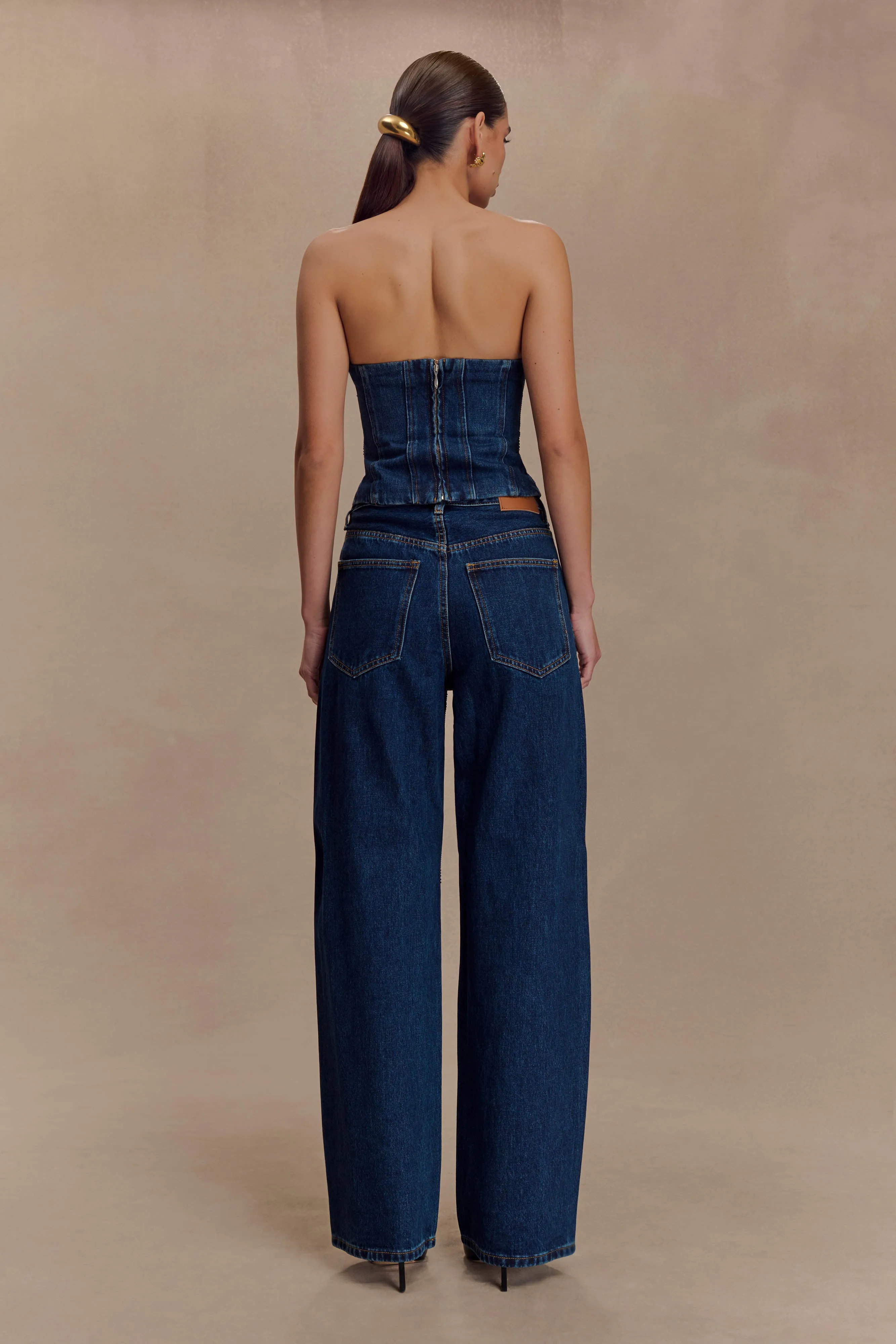 Laina Mid Rise Diamante Denim Jeans - Midnight Blue Base Outfit