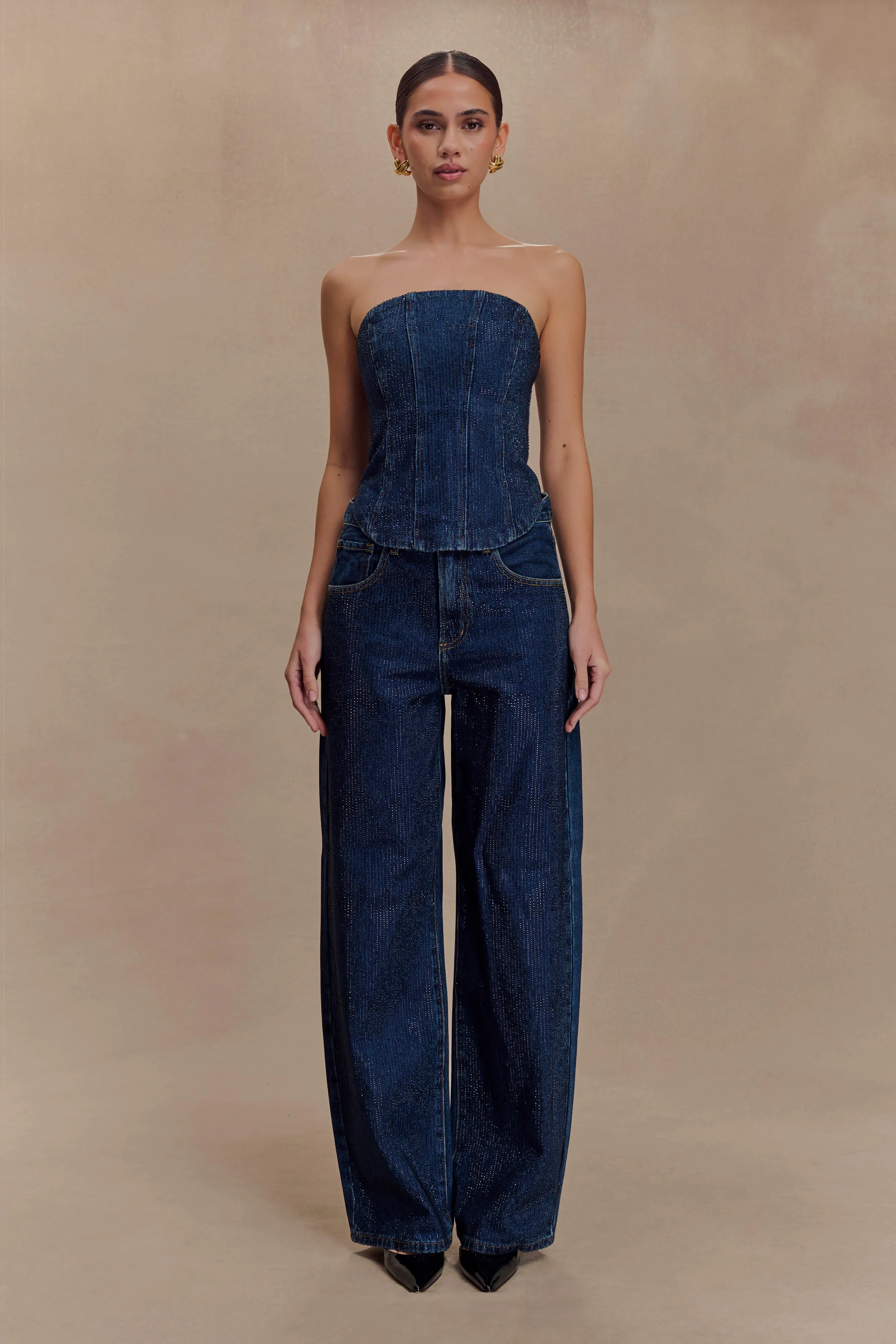 Laina Mid Rise Diamante Denim Jeans - Midnight Blue Barrel Leg Construction