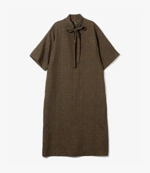 Breathable Cotton Ascot Collar Dress ?C Brown Square Jacquard Cozy Vibes