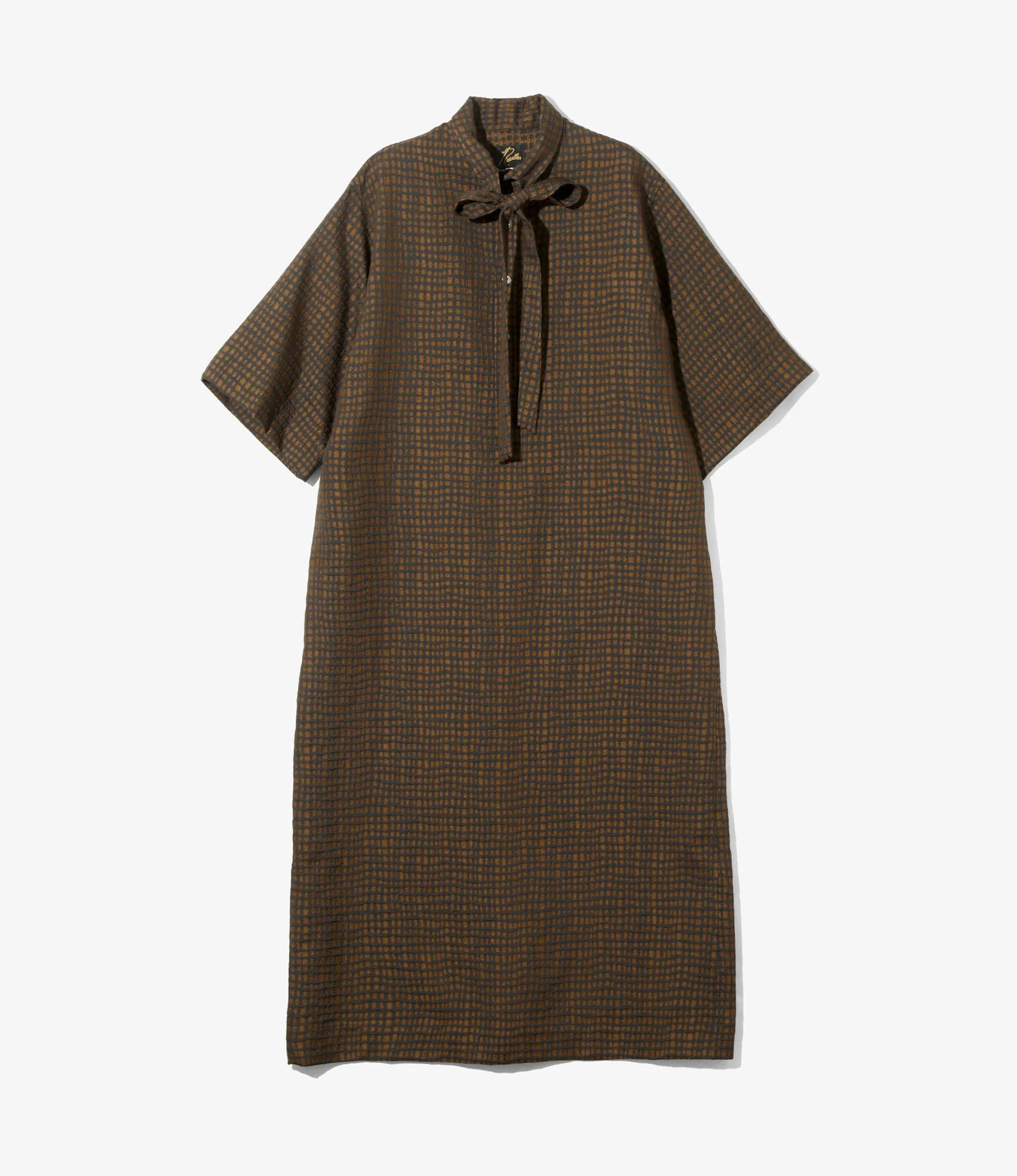Breathable Cotton Ascot Collar Dress ?C Brown Square Jacquard Cozy Vibes