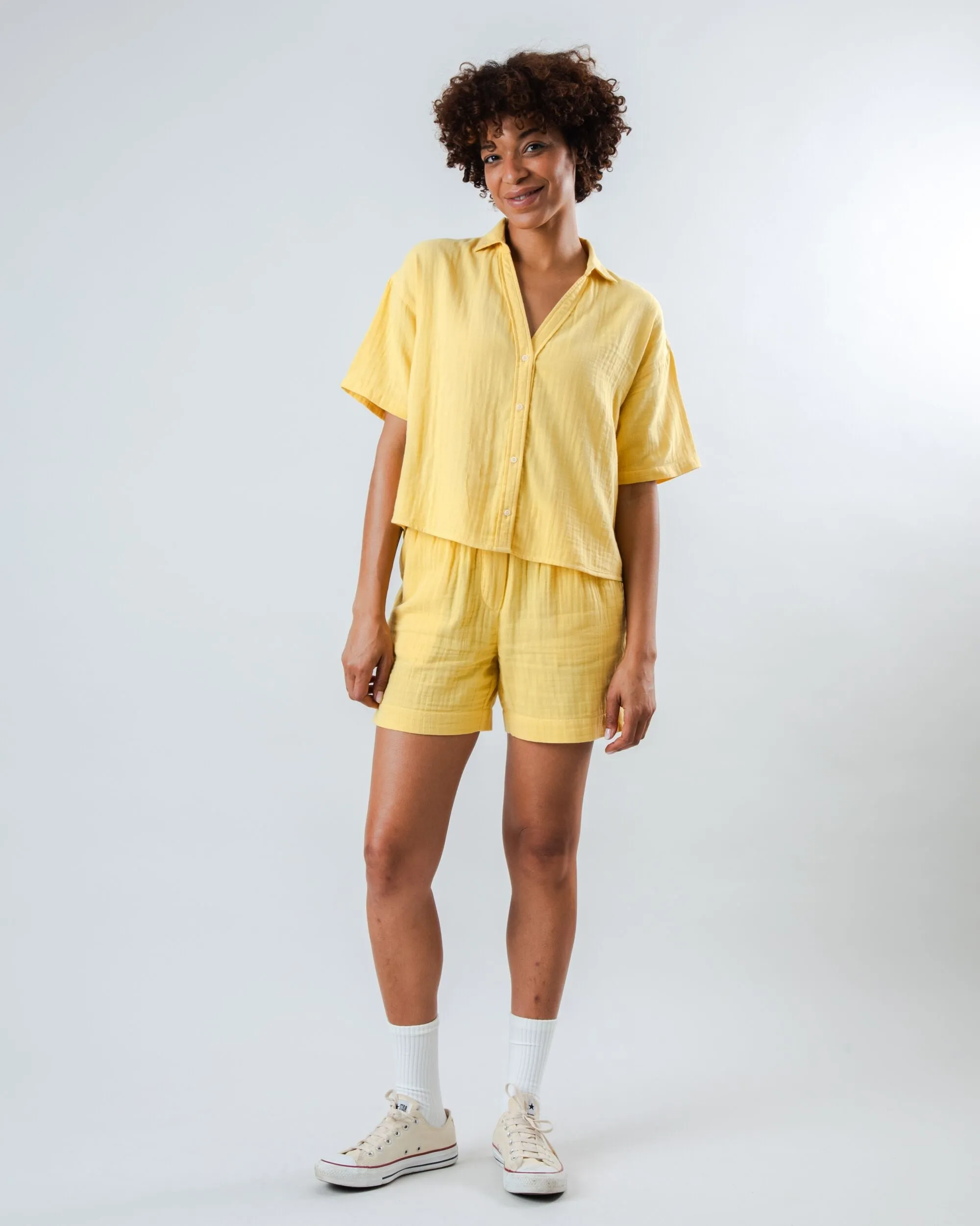 Bubble Cropped Blouse Yellow Comfort Design Round neck simplicity