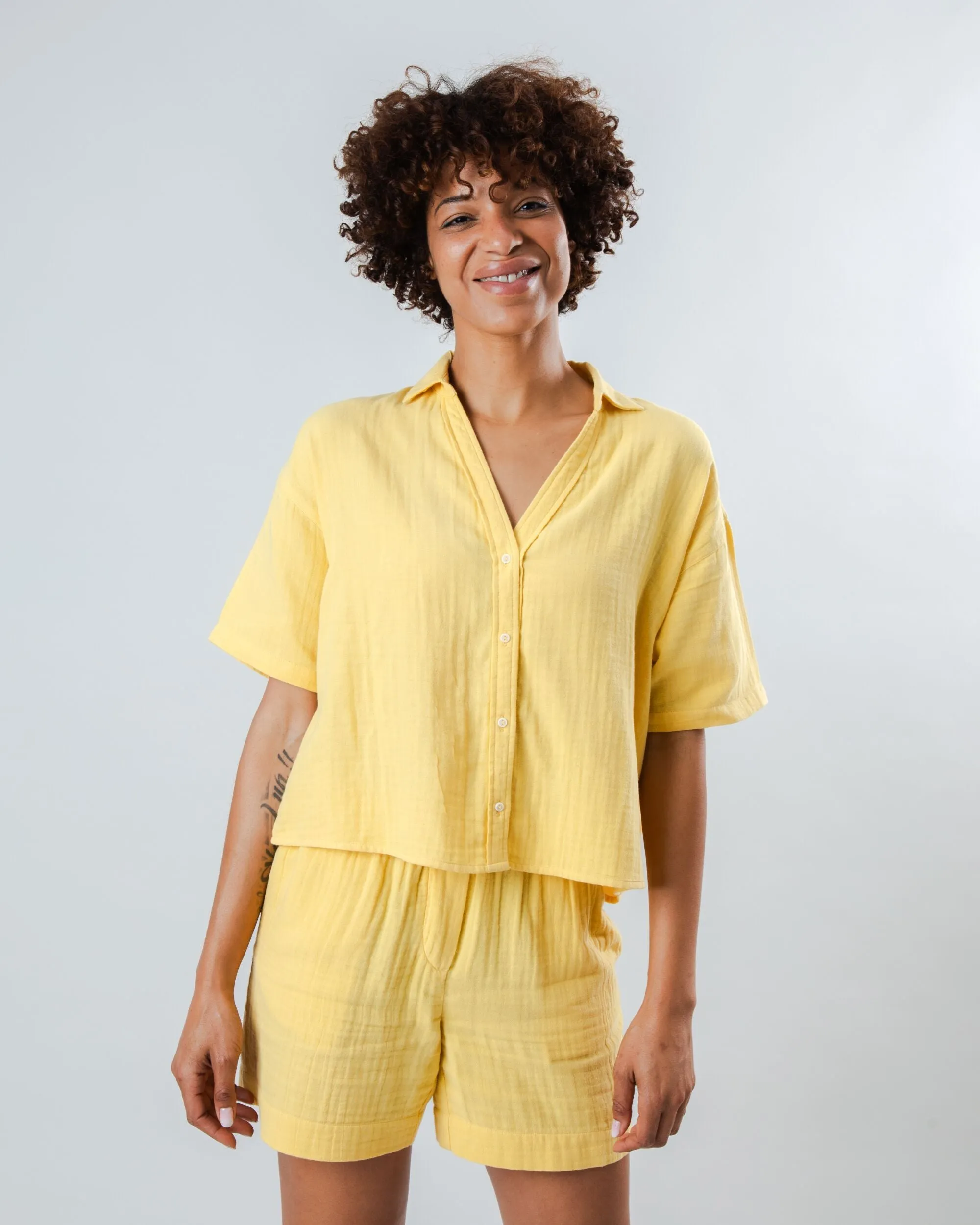 Bubble Cropped Blouse Yellow Breathable Active Wear Casual Everyday