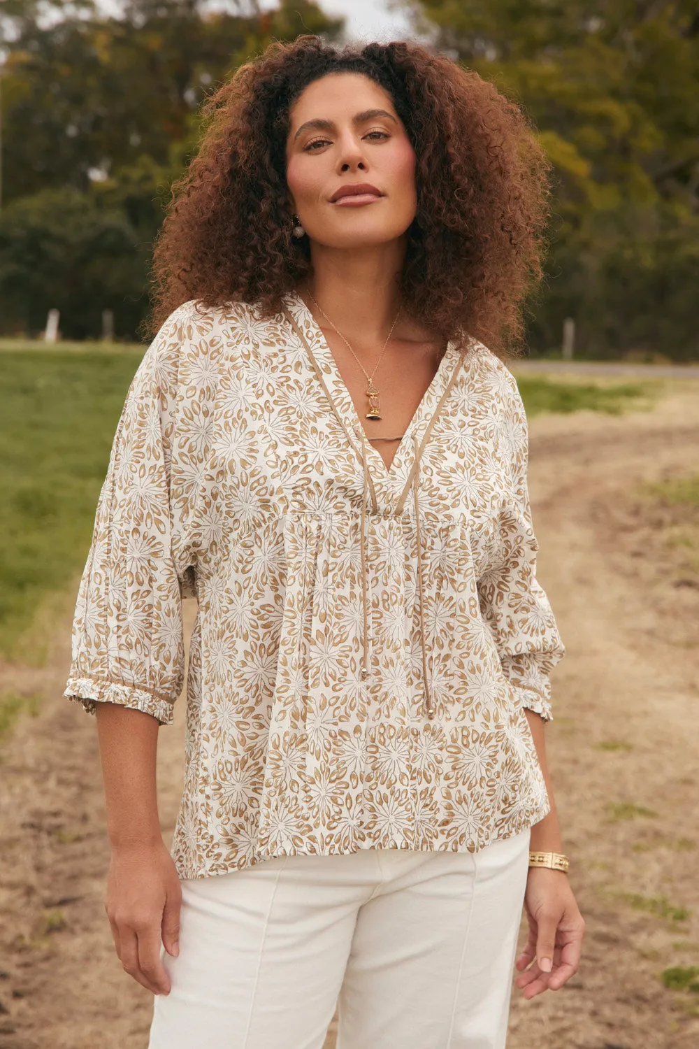 fade resistant color Organic Cotton Construction Cairo Boho Blouse in Savanna