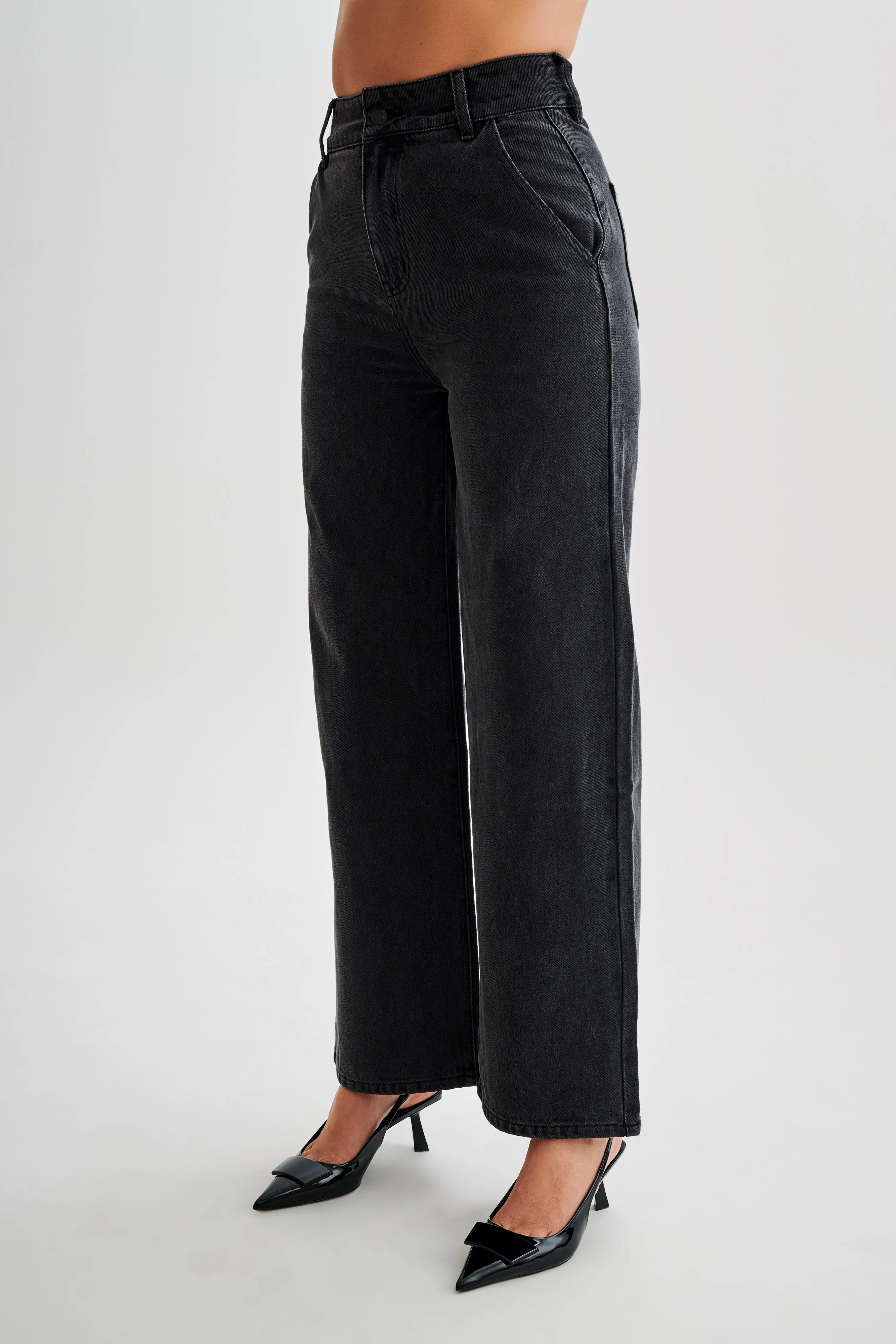 Roxy Wide Leg High Waist Denim Jeans - Washed Black Professional Wear Weekend Warrior