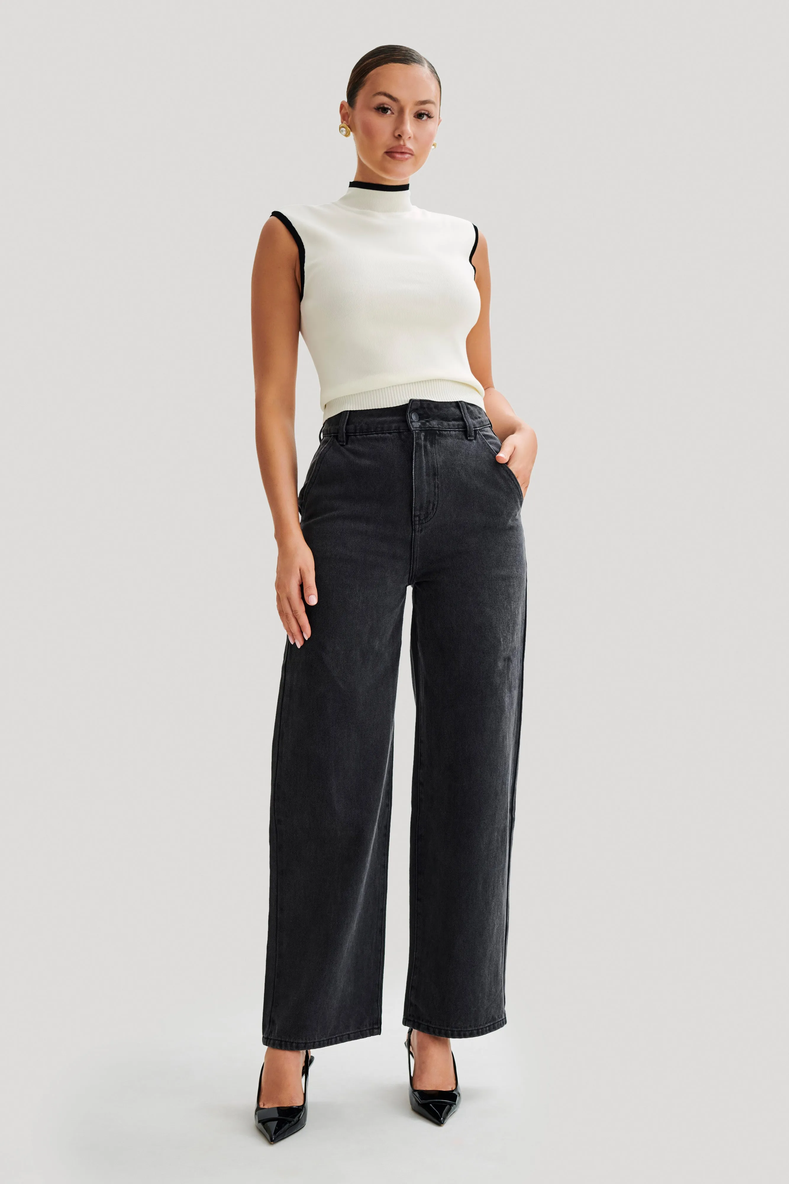 Roxy Wide Leg High Waist Denim Jeans - Washed Black Anti Snag Thread Technology