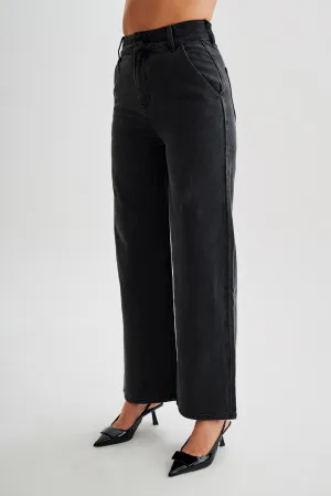 Roxy Wide Leg High Waist Denim Jeans - Washed Black Professional Wear Weekend Warrior