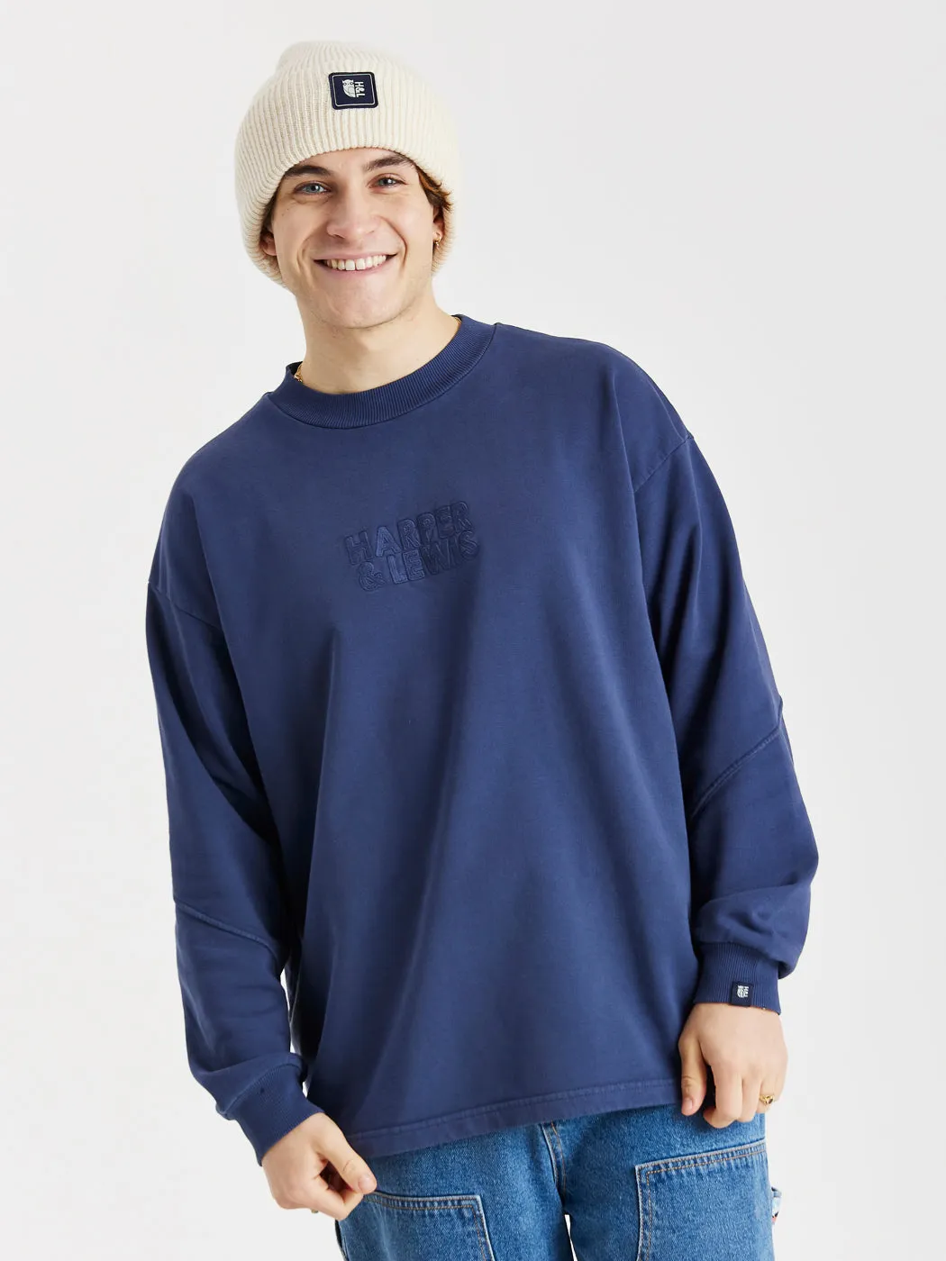 Camille Oversized Sweater Navy tag accents right for outdoor activities