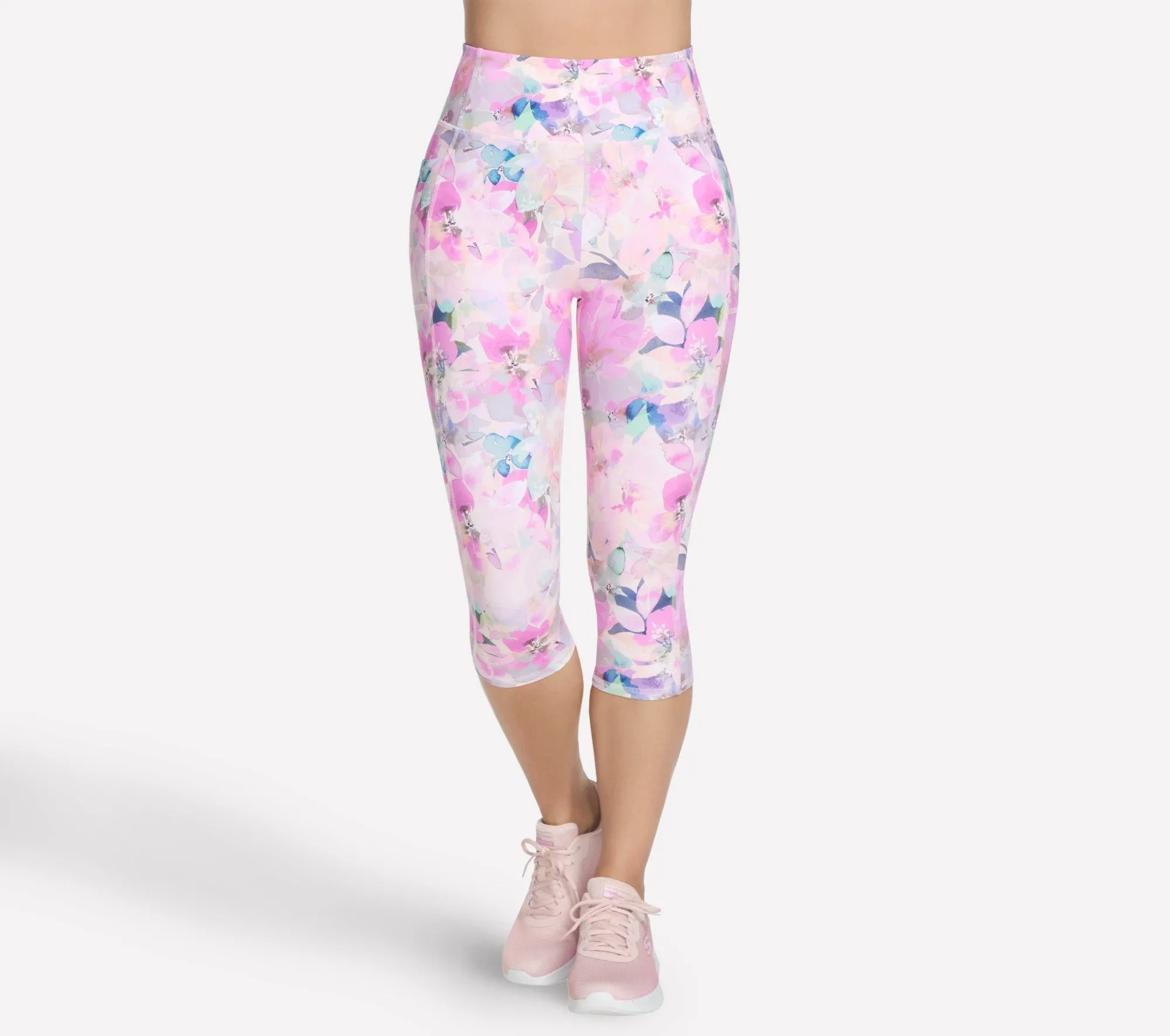 Stretchable Fabric Low-rise style Capri Leggings | Peach Seascape Floral | 0801B1