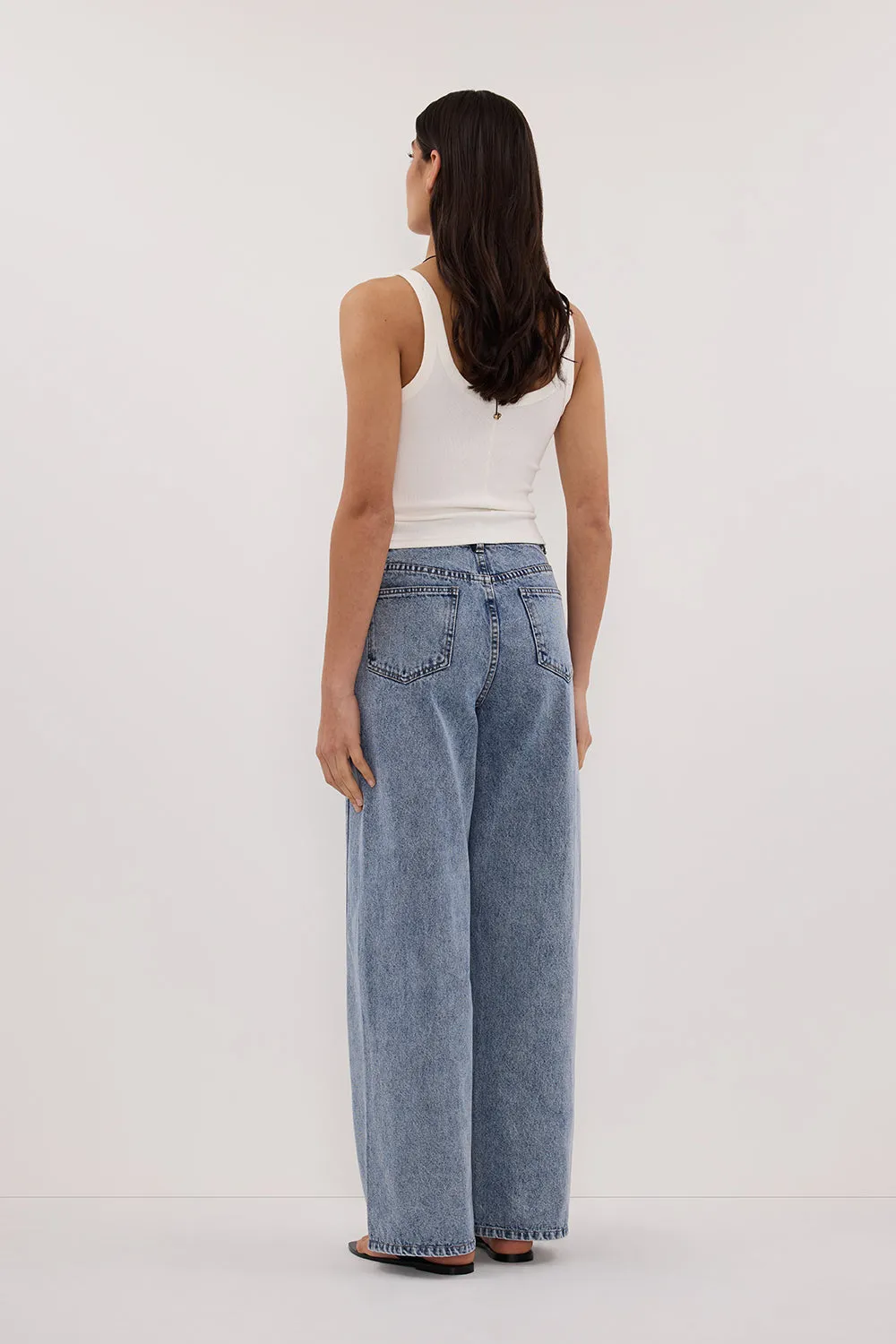 CARSON MID BLUE WIDE LEG JEAN Layered Knee Panels Casual Solution